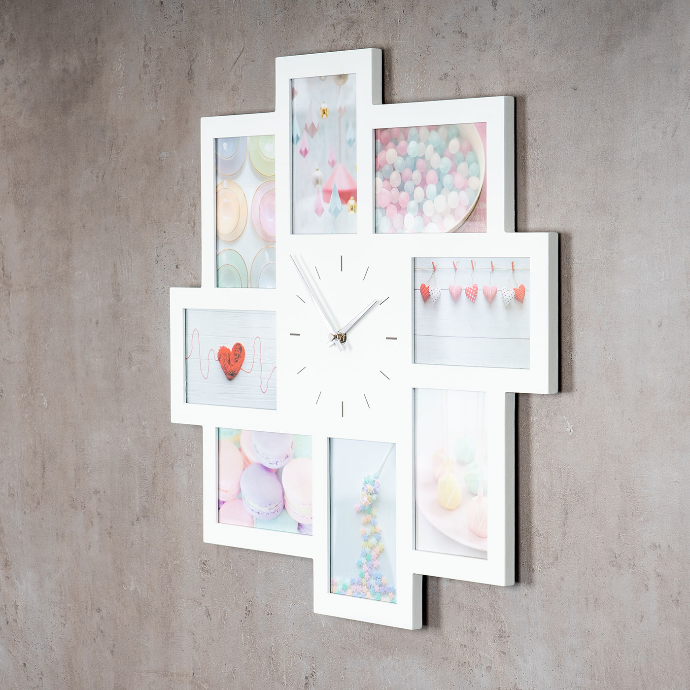 Wanduhr Weiß 52x52cm Holz Bilderrahmen 8 Fotos Bilder Fotorahmen Collage Fotouhr