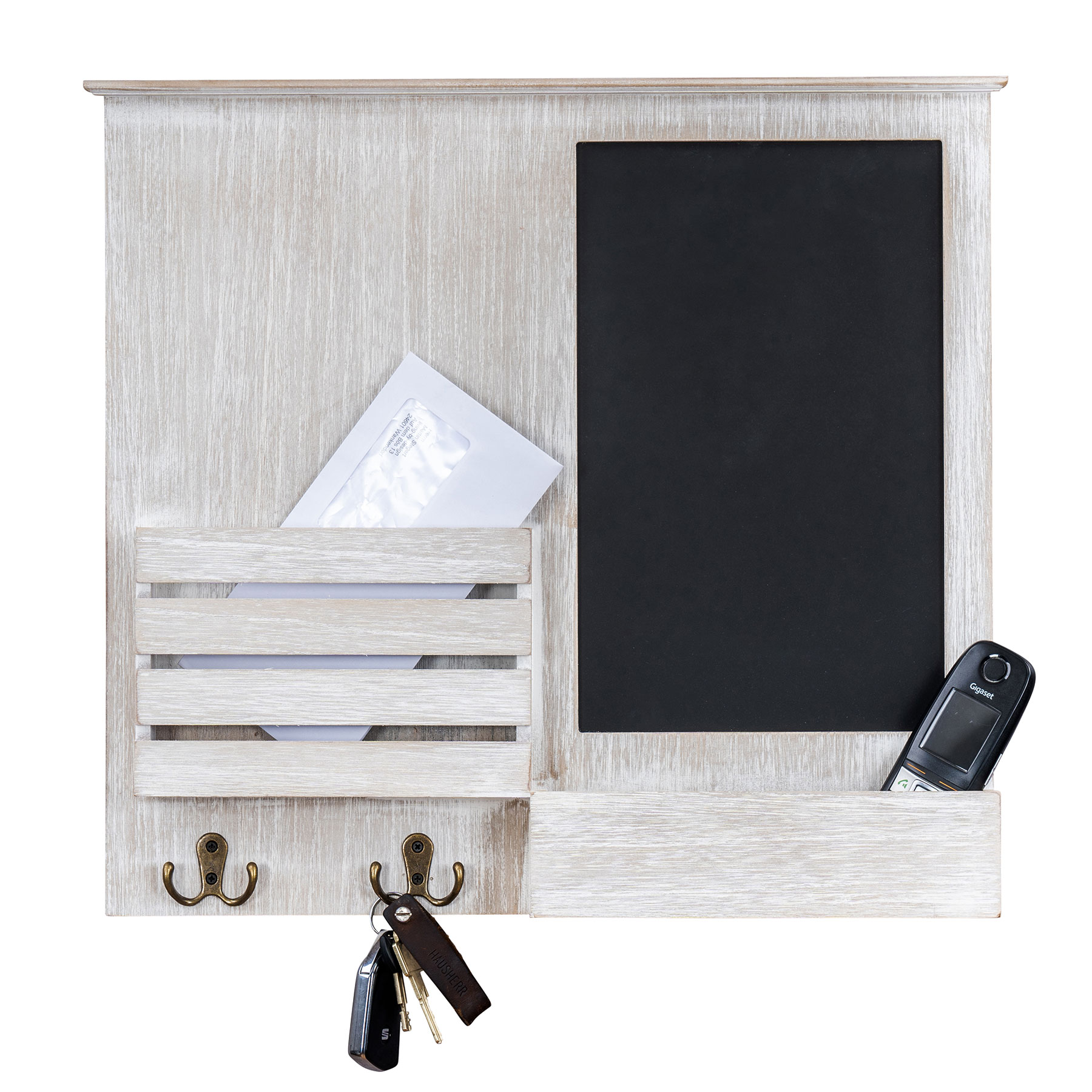 Memoboard 52x47cm Holz Weiß Grau Briefablage 4 Haken Shabby Chic Tafel