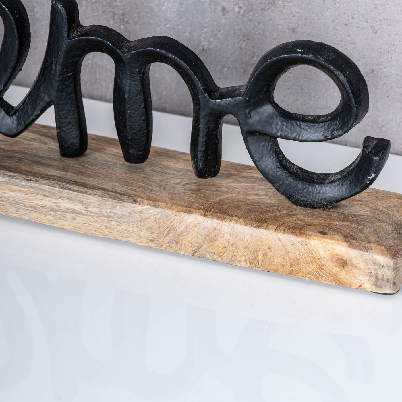 Aufsteller Schriftzug Home H17cm Metall Schwarz Holz Deko Mangoholz Tischdeko