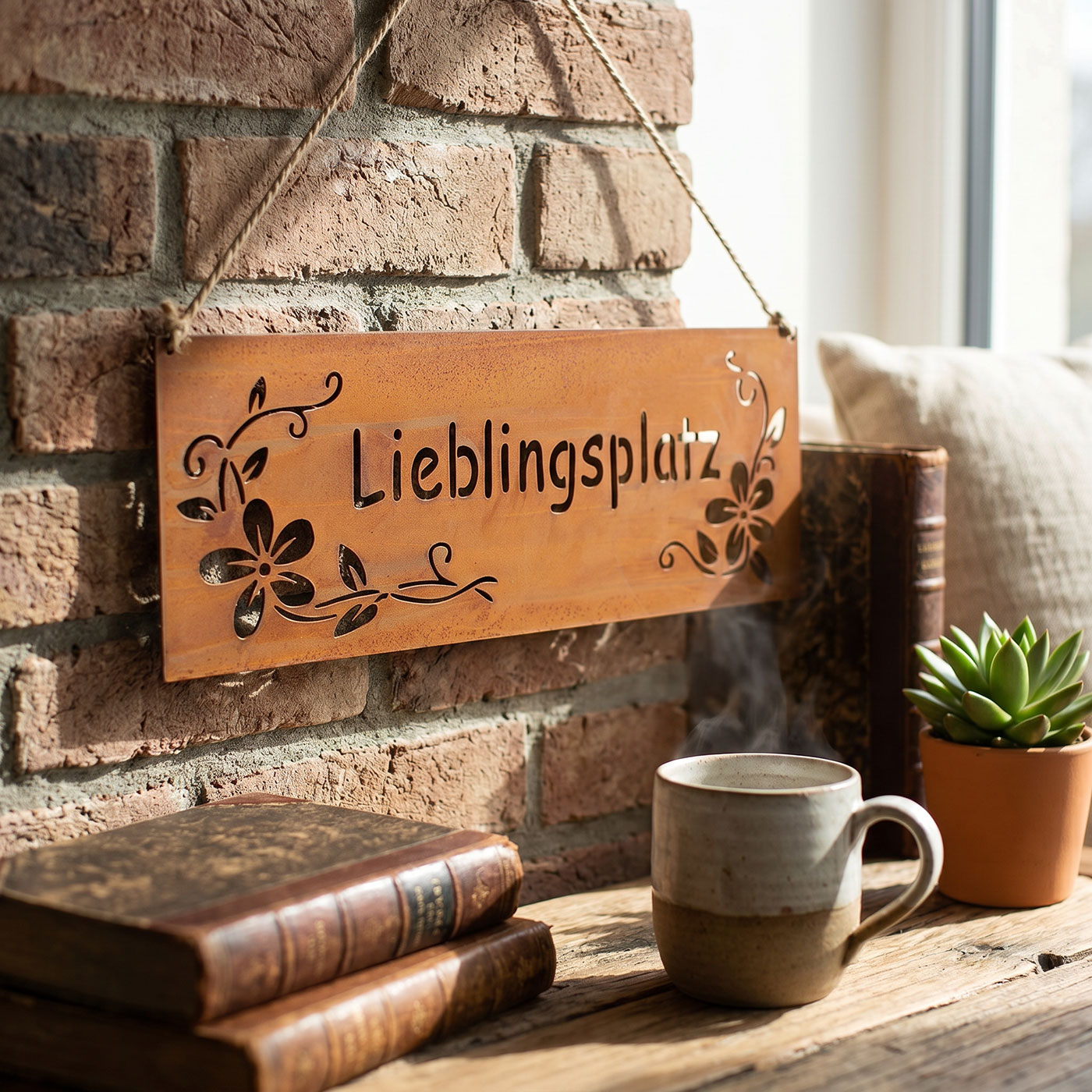 Schild Lieblingsplatz 25x9cm Außen Gartendeko Rost Braun Blumen Metall Türschild