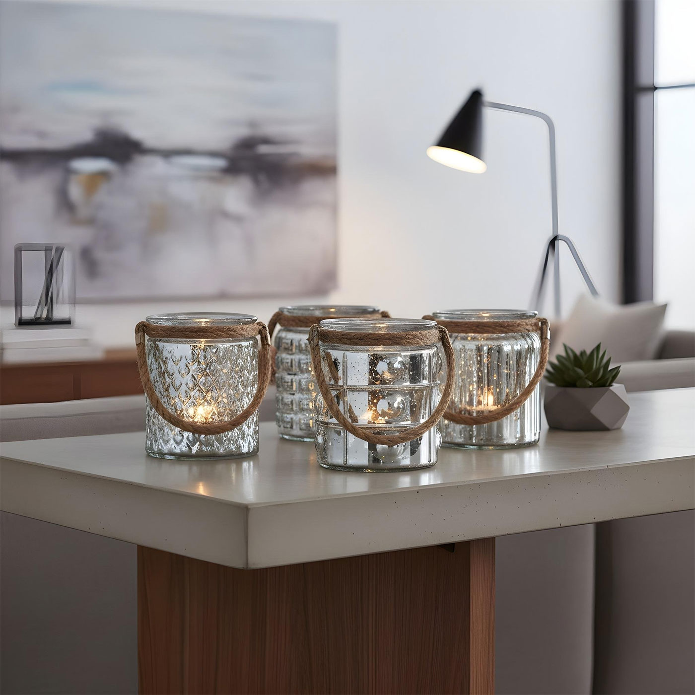 4er Set Windlicht Glas Silber H10cm Teelichthalter Tischdeko Kerzen Retro Deko
