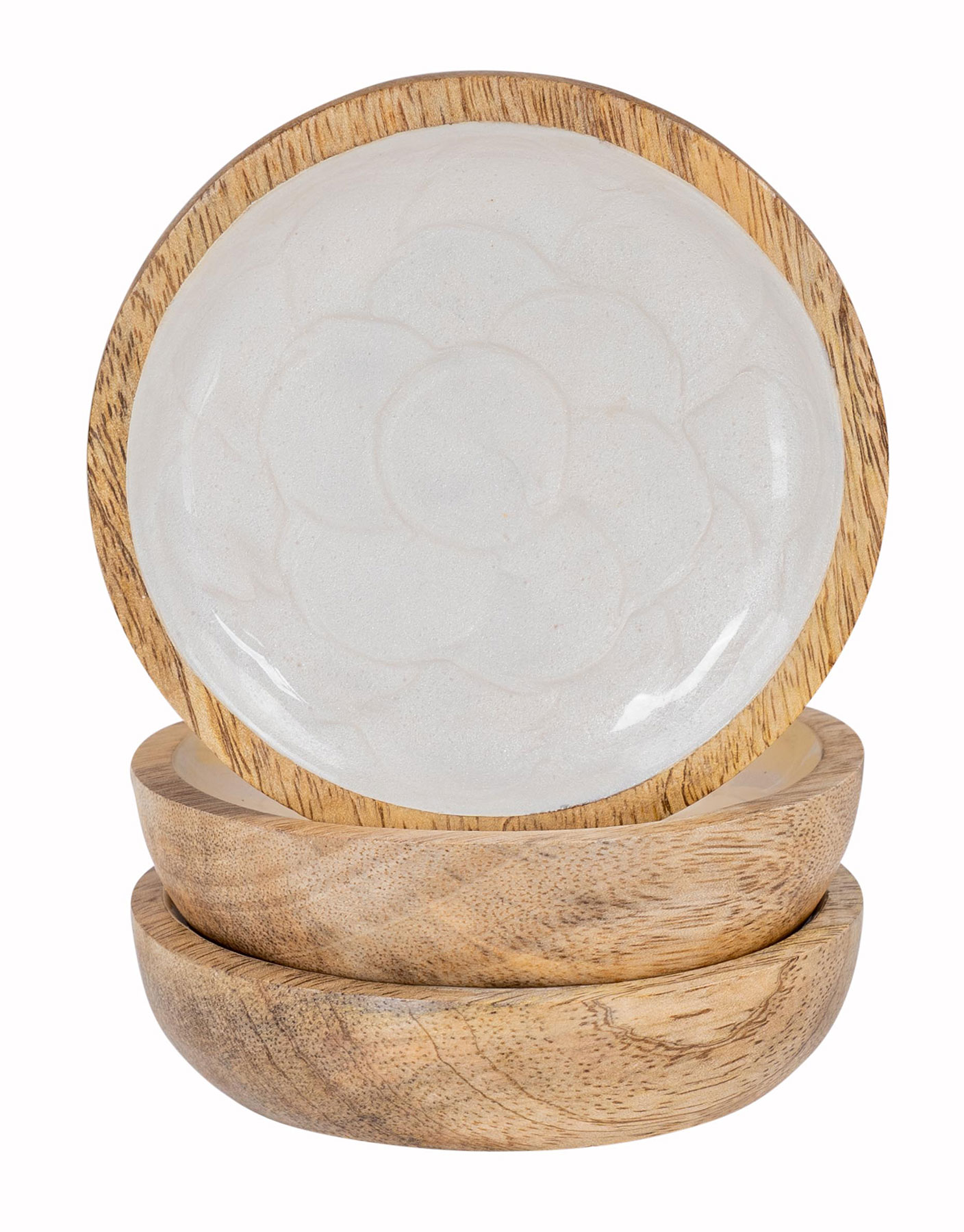3er Set Teller 10cm Mango Holz Creme Perlmutt Emaille Snacks Dip Schale Tischdeko