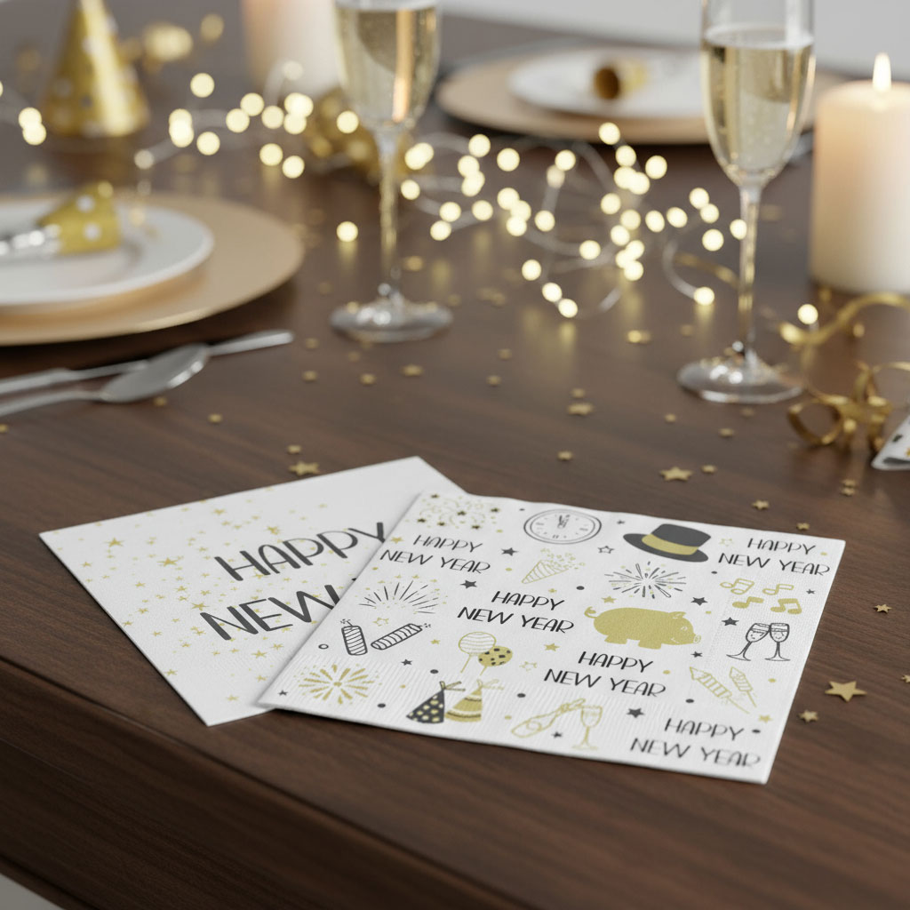 40 Stück Silvester Deko Servietten Happy New Year Weiß Schwarz Gold Tischdeko