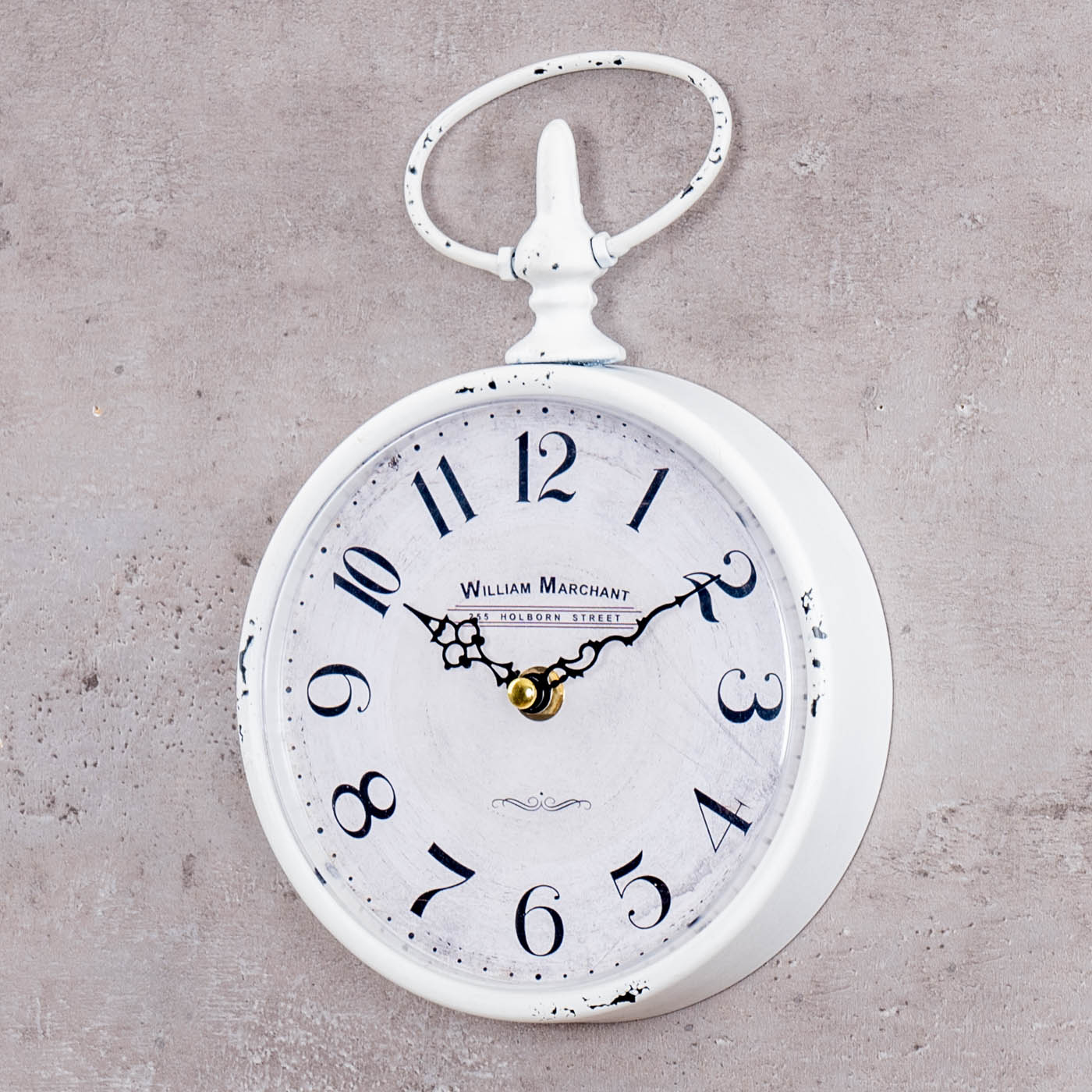 Wanduhr Antik Weiß H24cm William Marchant Metall Uhr Shabby Chic Vintage Retro