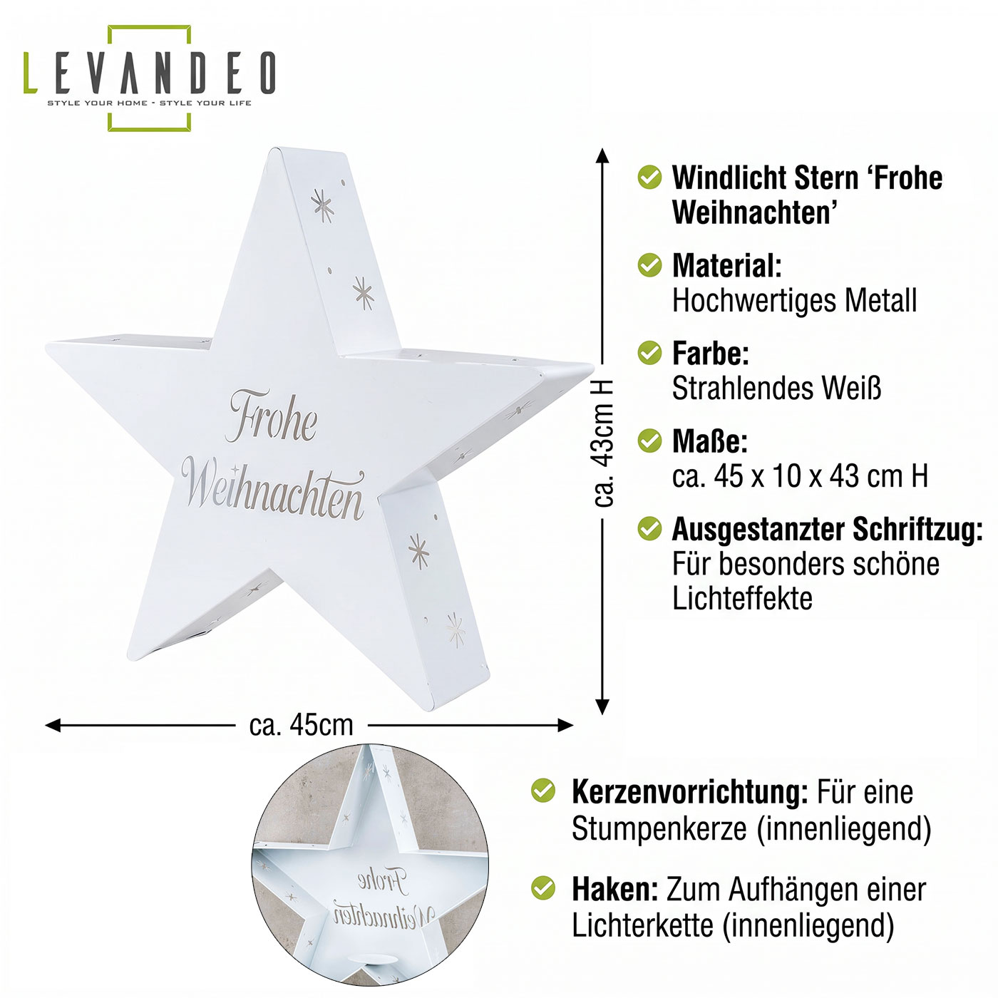 Kerzenhalter Stern H43cm Metall Windlicht Weiß Weihnachtsdeko Deko Aufsteller