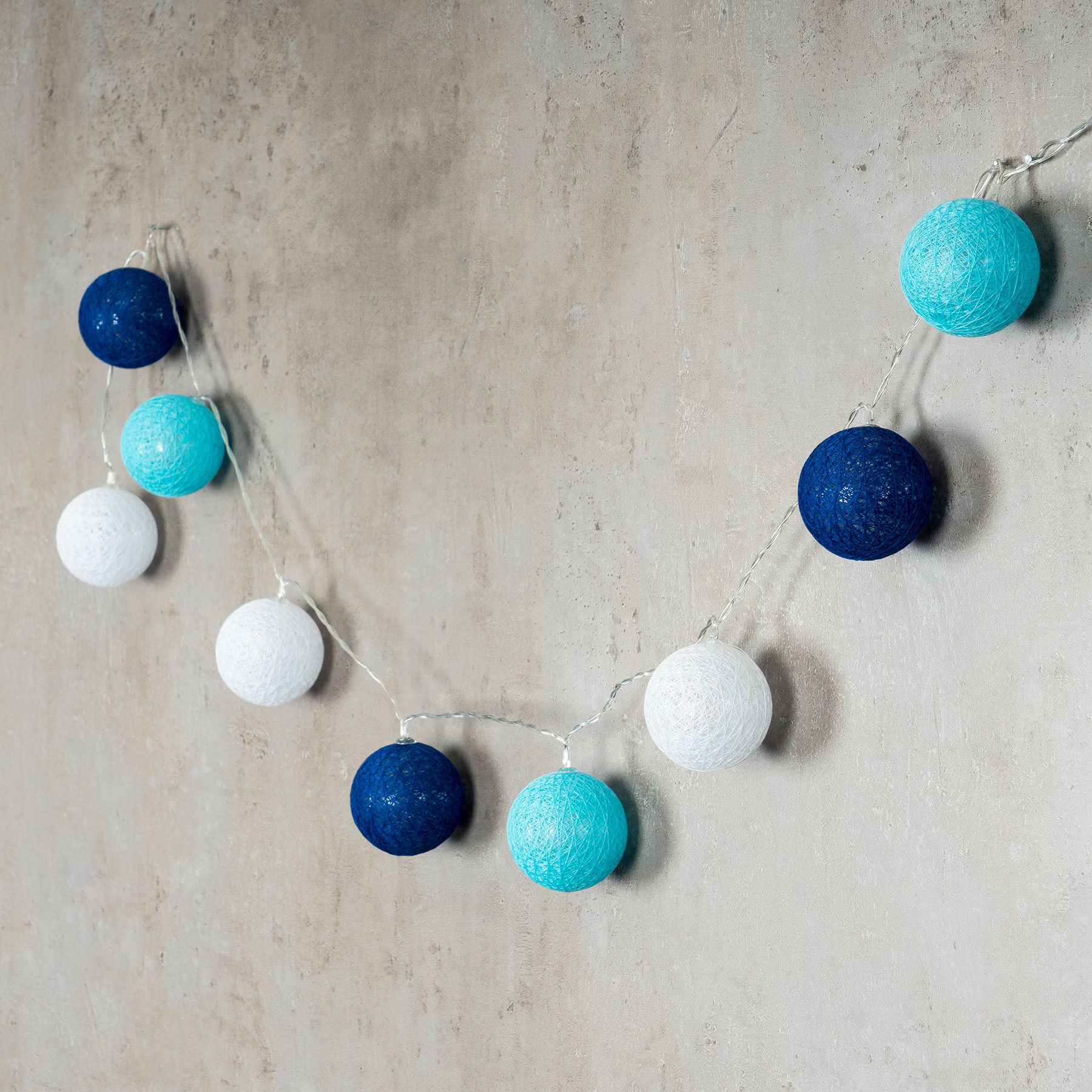 10er Lichterkette LED Kugeln Lampions Baumwolle Blau Weiß Cotton Warmweiß