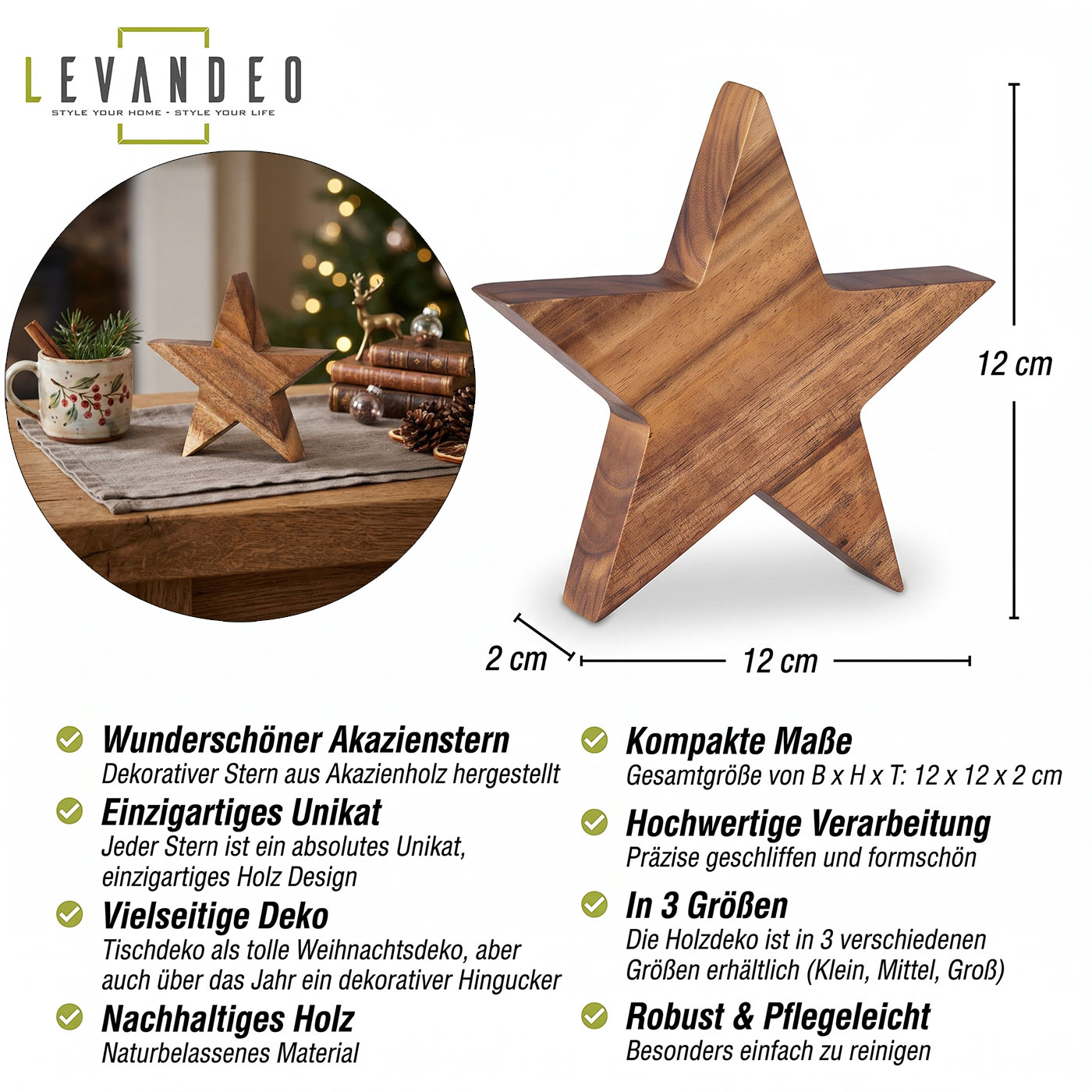 Stern Holzstern Akazie 12cm Akazienholz Braun Natur Deko Tischdeko Holzdeko