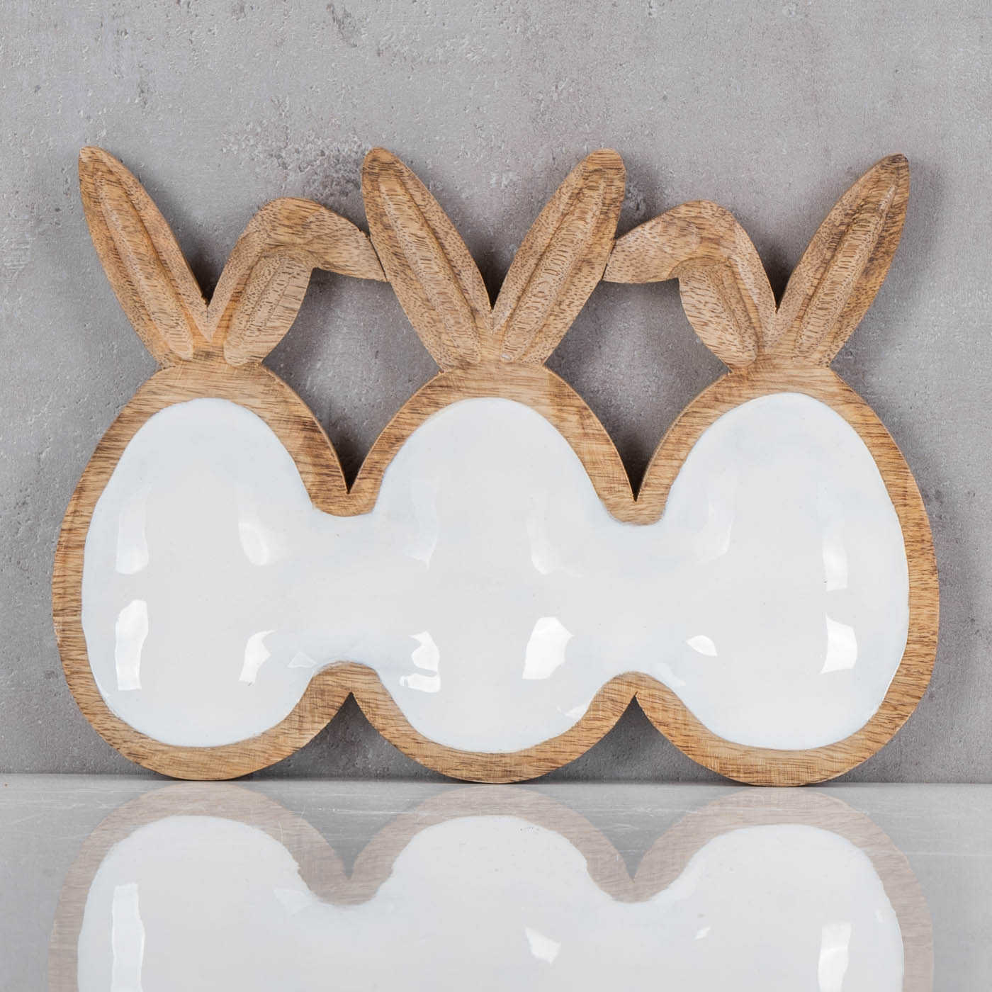 Deko Schale L26cm Ostereier Hasenohren Mangoholz Natur Weiß Osterdeko Tischdeko
