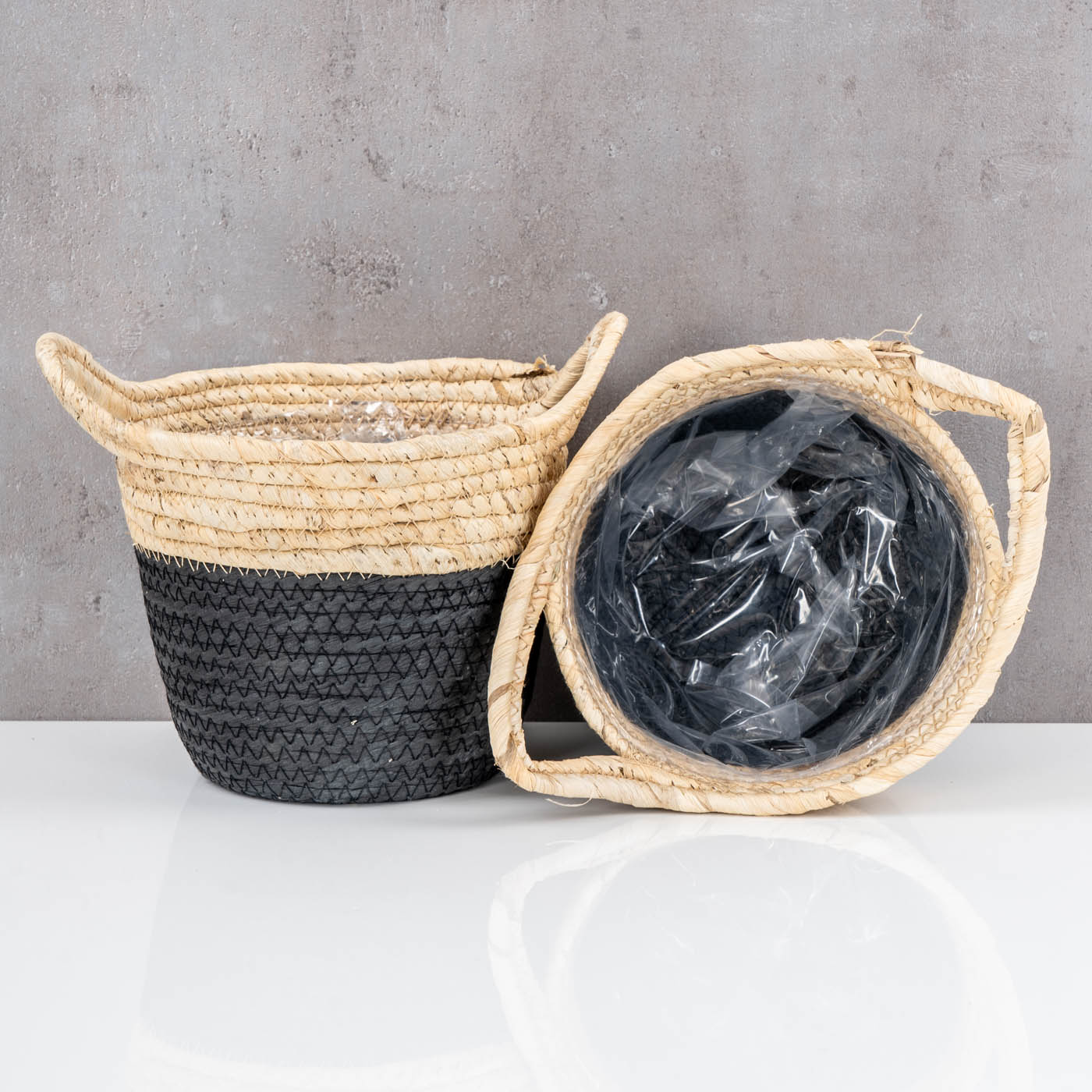 2er Set Korb Rund H15cm Natur Schwarz Pflanzkorb Geflochten Aufbewahrung Boho Deko