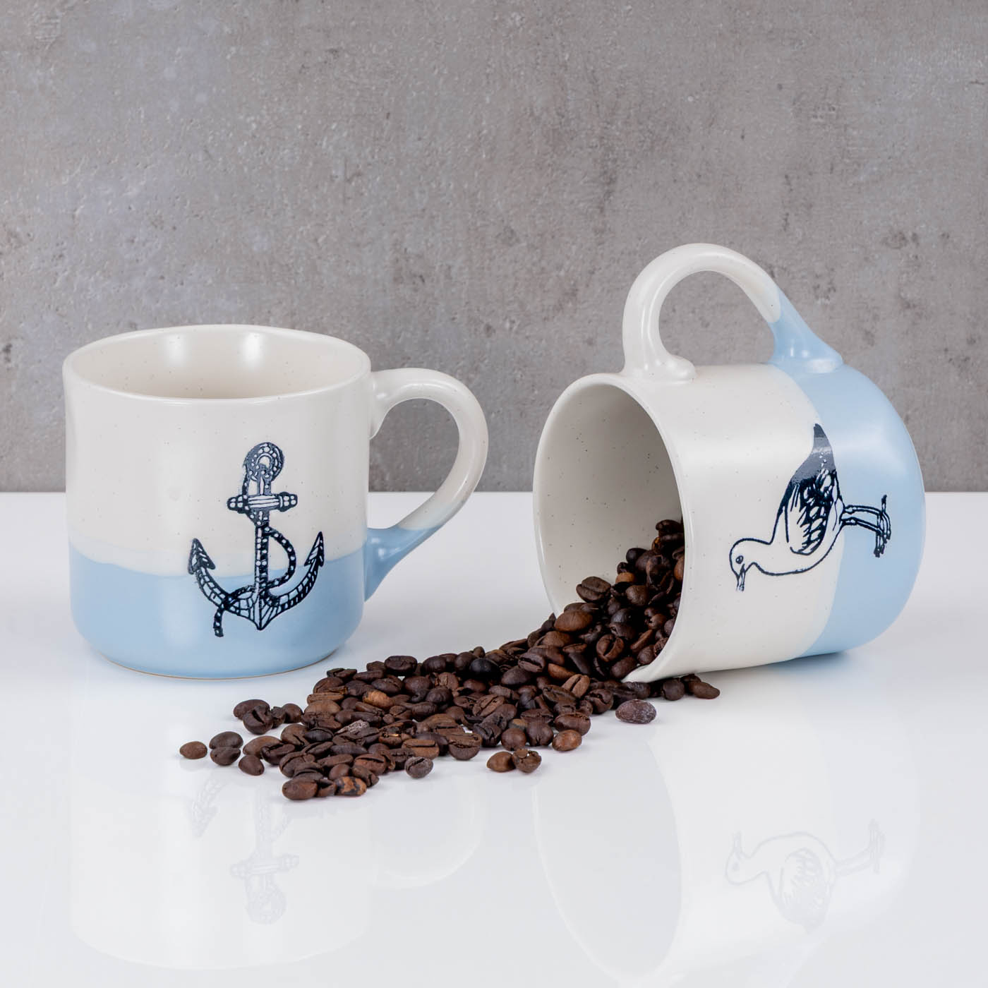 2er Set Tassen Anker Möwe 350ml Steingut Kaffeetasse Becher Blau Maritim Design