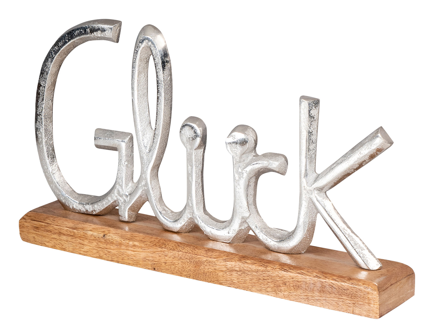 Schriftzug Glück L29cm Metall Silber Mango Holz Tischdeko Deko Aufsteller