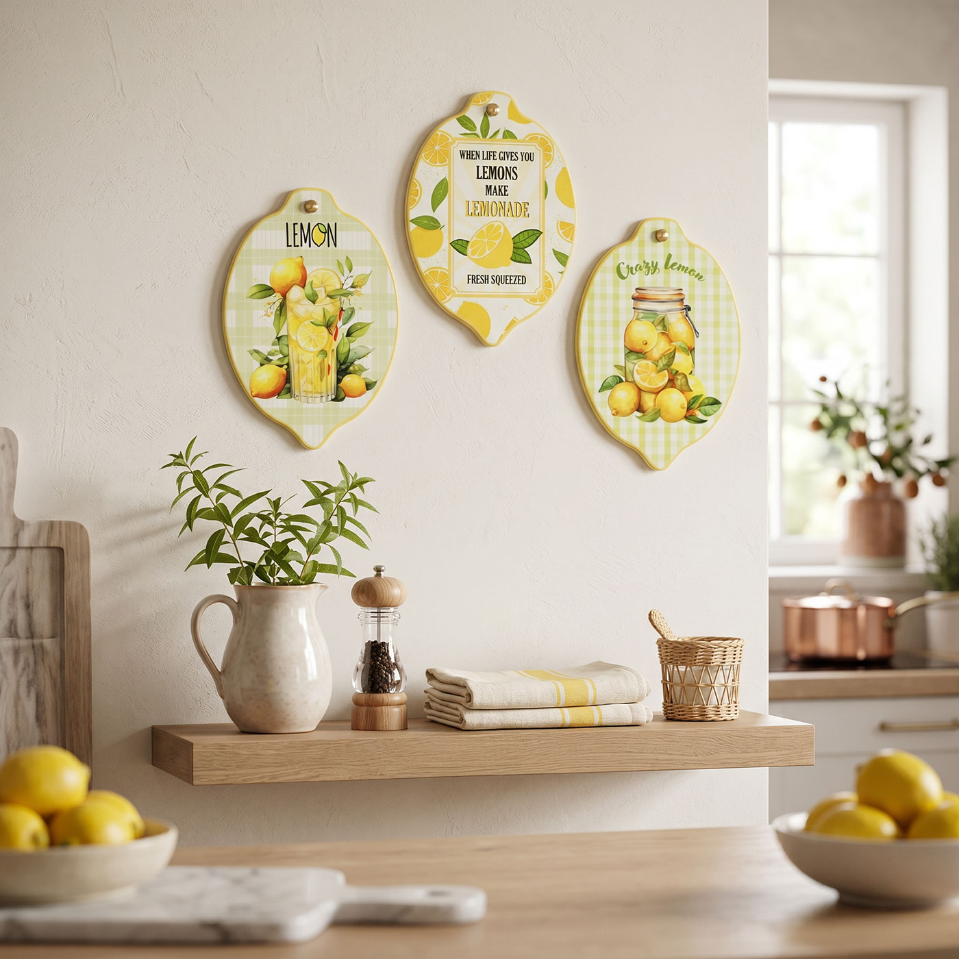 3er Set Zitronen Bilder 15x21cm Gelb Porzellan Glanz Mediterrane Wanddeko Küche