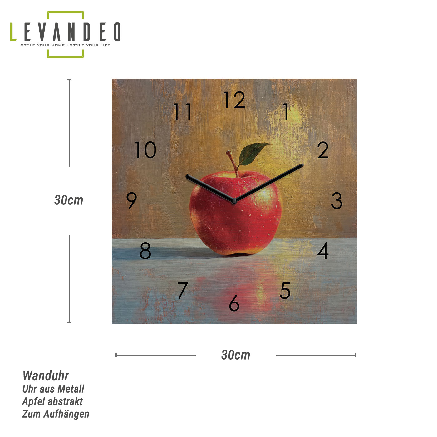 Wanduhr 30x30cm Metall Abstrakt Apfel Gold Gewischt Design Metalluhr Wandkunst