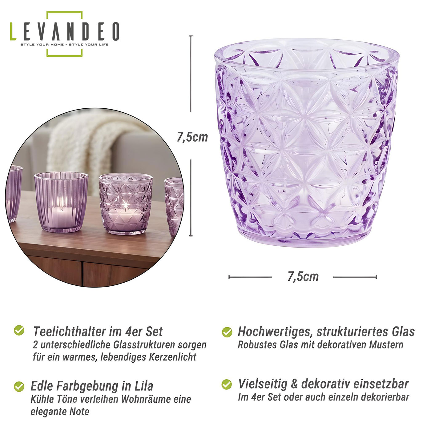 4er Set Windlicht Lila Glas Teelichthalter Violett Tischdeko Kerzen Retro Deko