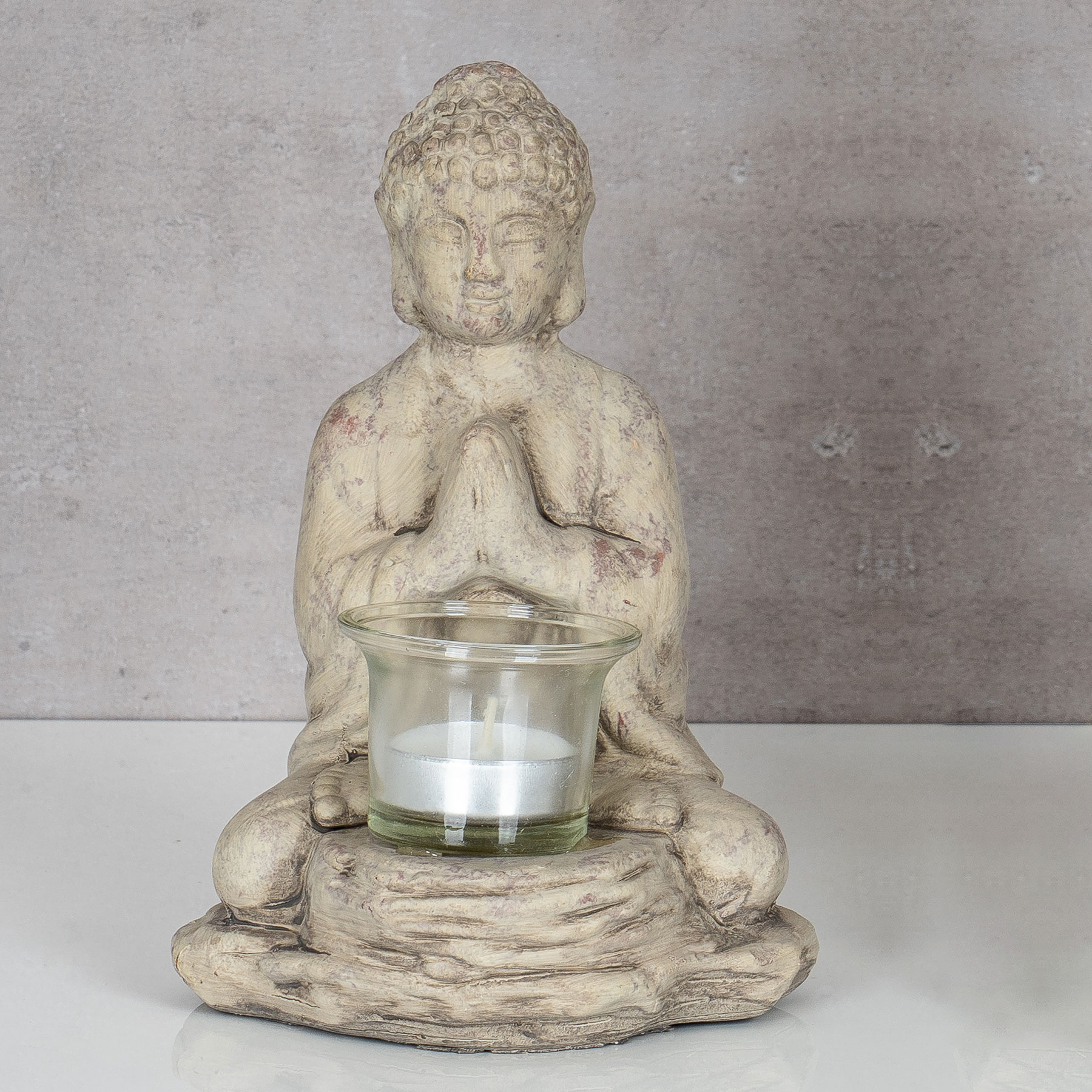 Teelichthalter Buddha Figur Keramik 19cm hoch Grau Tischdeko Kerzenhalter