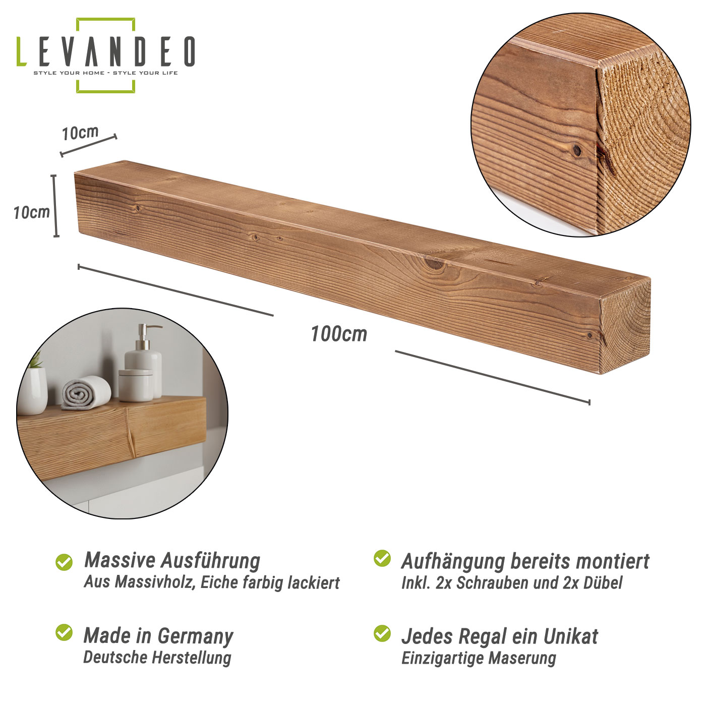 levandeo Wandregal Holz Massiv 100x10cm Eiche Farbig Wandboard Regal Vintage
