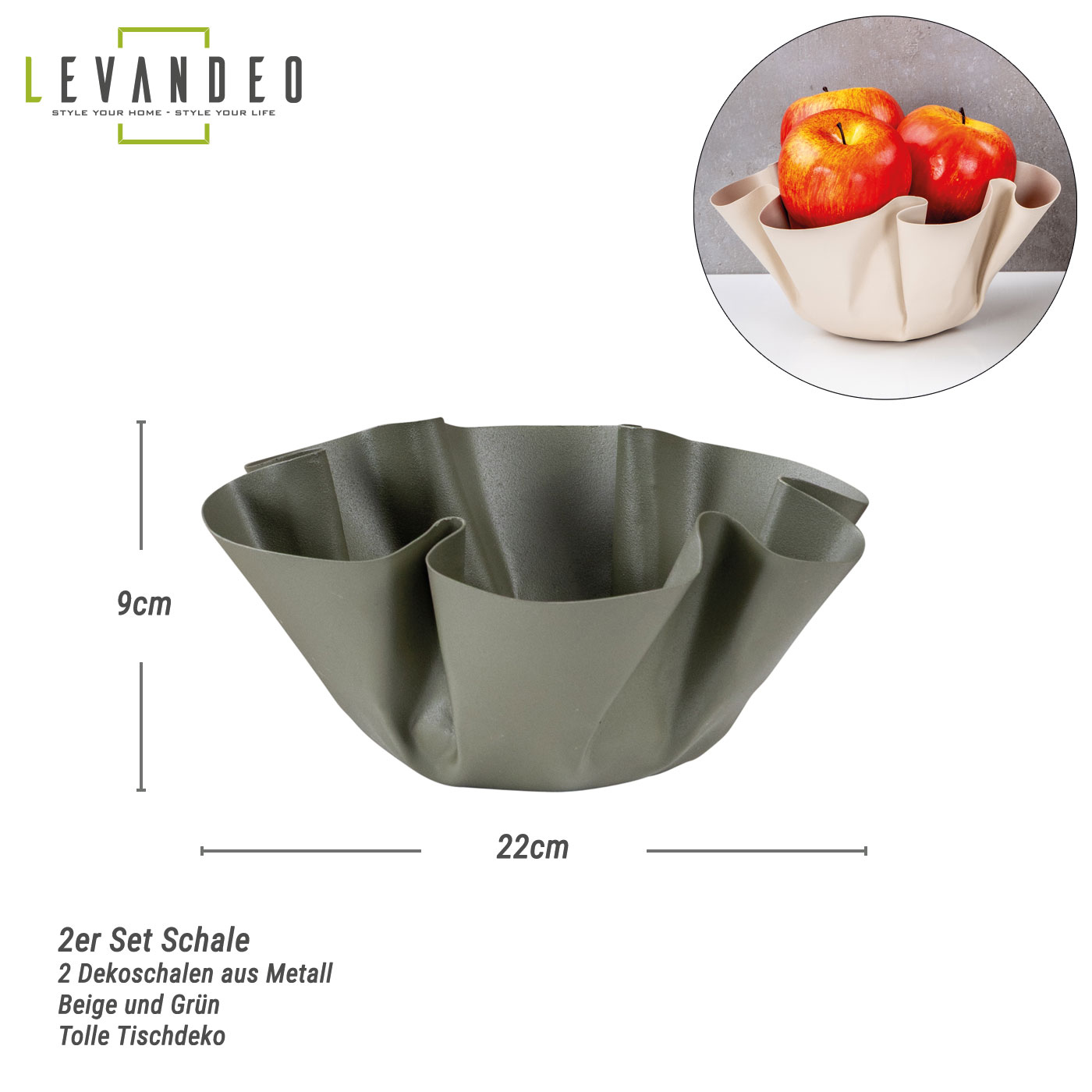 2er Set Metallschale B22cm Beige Grün Dekoschale Schüssel Boho Deko Tischdeko