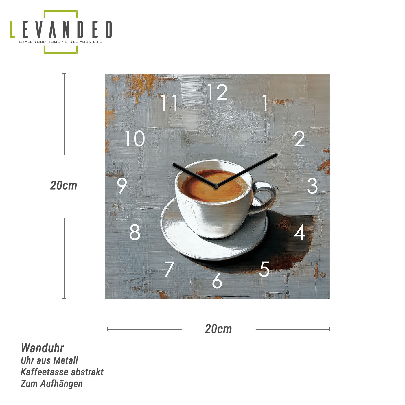Wanduhr Metall 20x20cm Kaffee Tasse Grau Weiß Design Metalluhr Küche Wanddeko