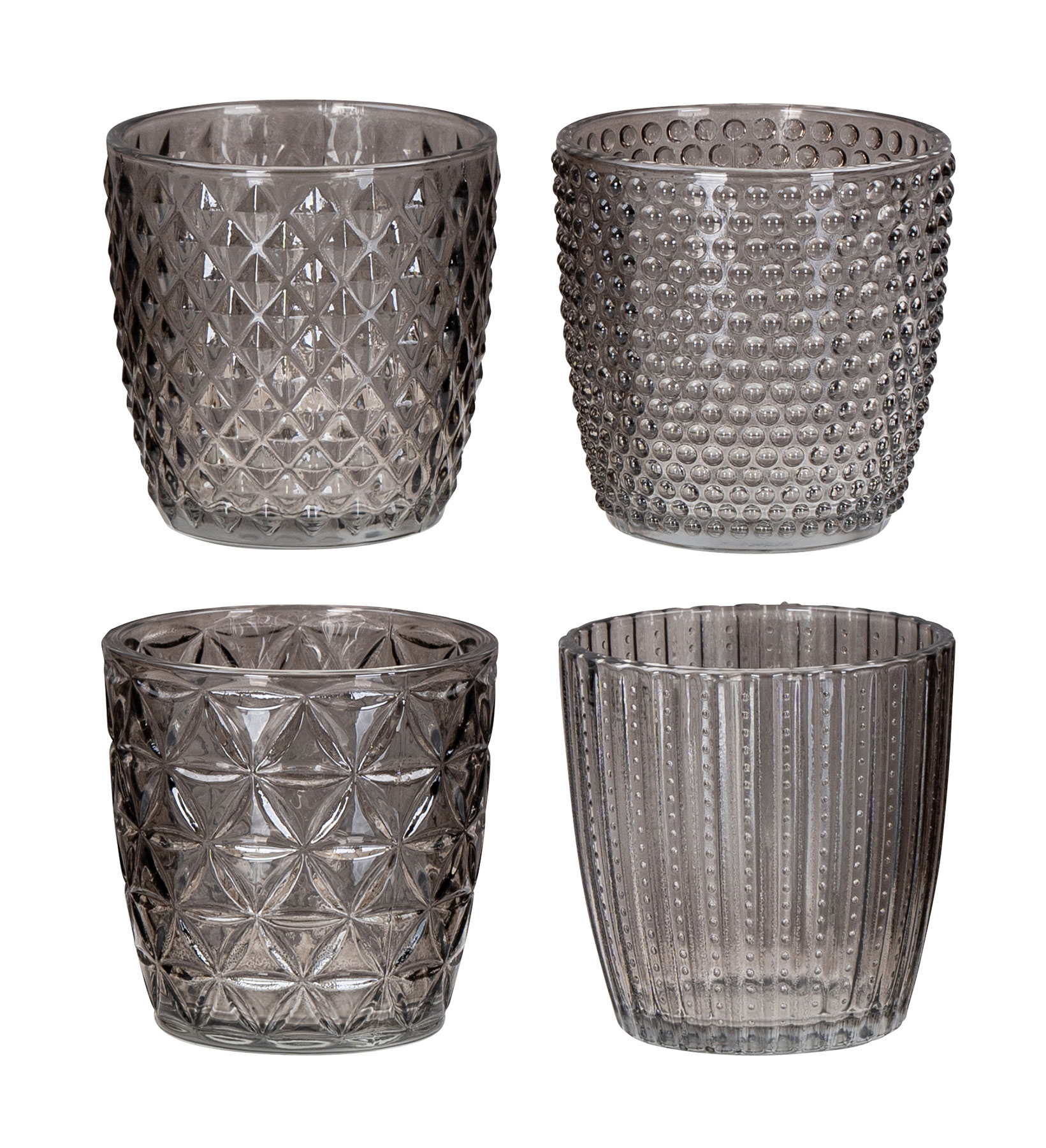 4er Set Windlicht H7,5cm Glas Grau Teelichthalter Tischdeko Kerzen Retro Deko