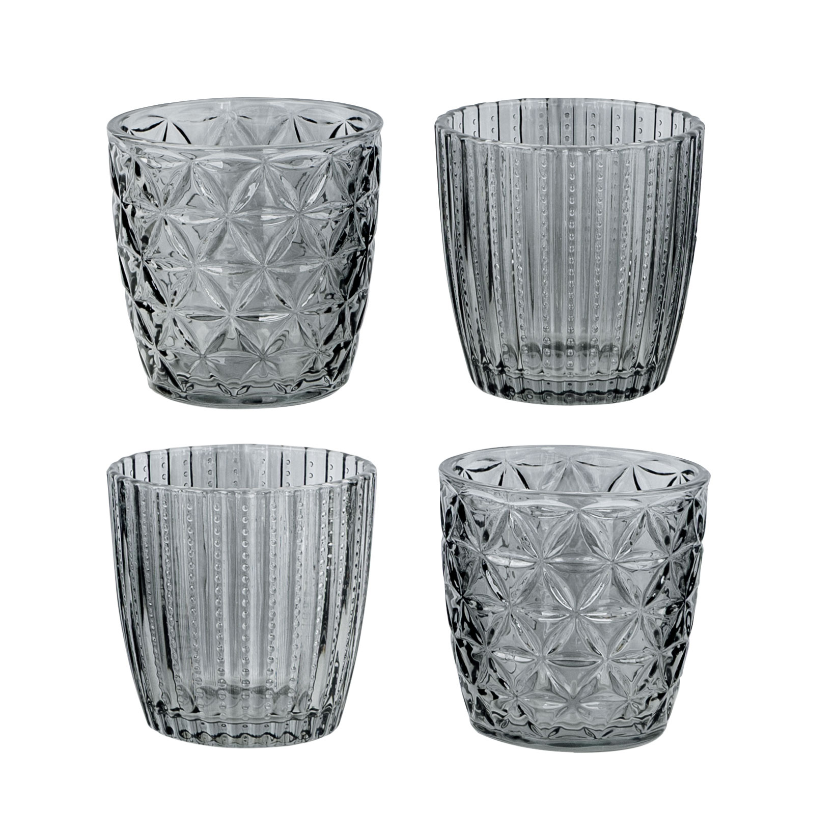 4er Set Windlicht H7,5cm Glas Grau Teelichthalter Tischdeko Kerzen Retro Deko
