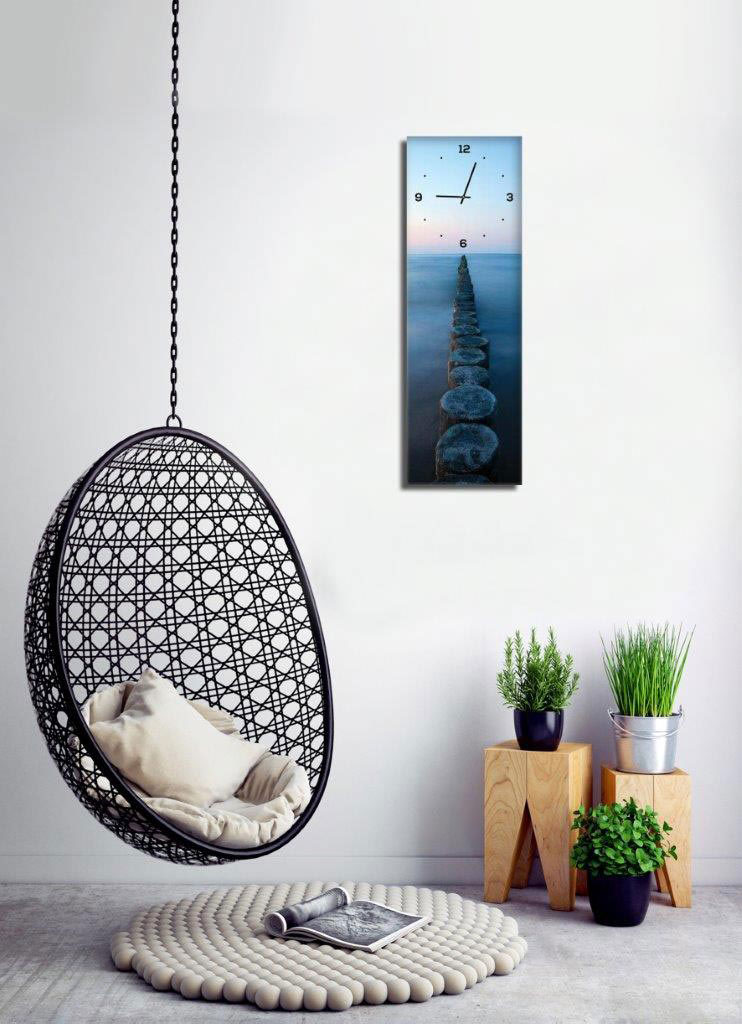 Wanduhr aus Glas 20x60cm Uhr als Glasbild Meer Ozean Steg Design Deko