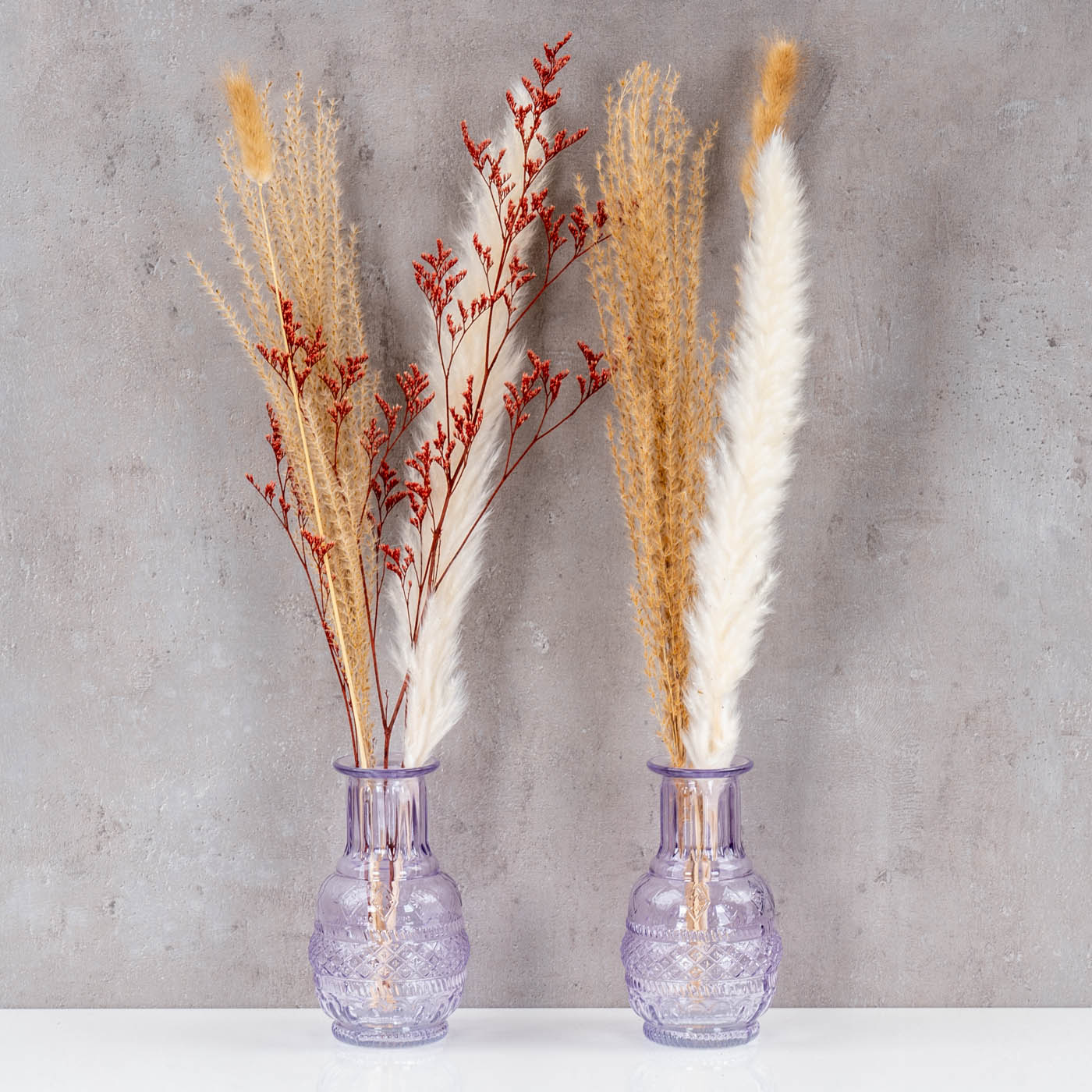 2er Set Vase Violett Transparent Glas Lila Dekovase Blumenvase Tischdeko Glasvase