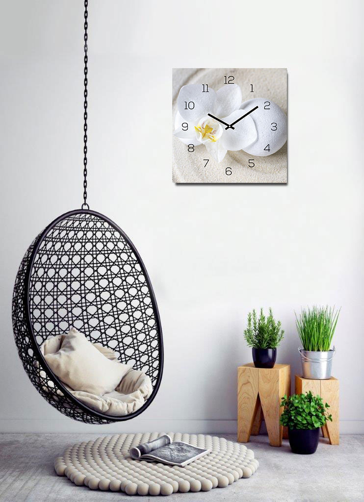 Wanduhr Glas 30x30cm Uhr Glasbild Orchidee Weiß Sand Stein Wellness Wanddeko