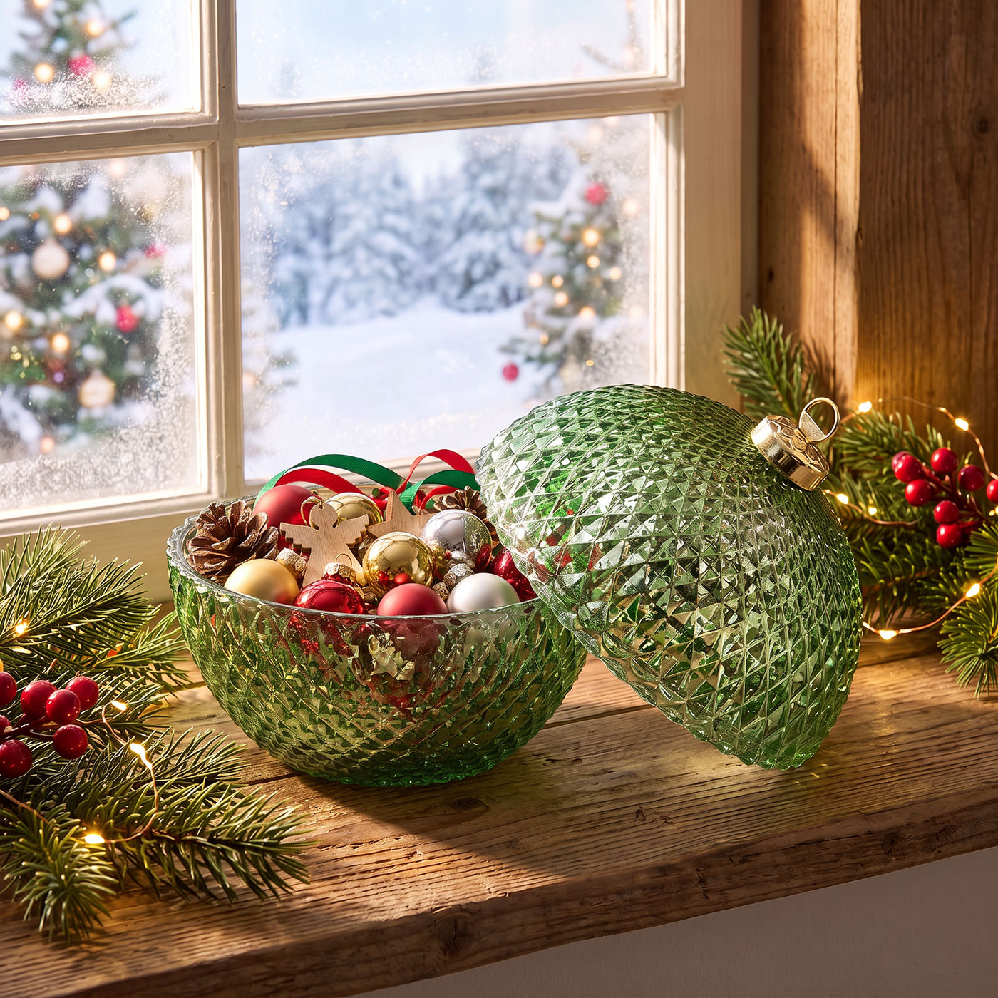 Deko Dose Weihnachten Ø13cm Weihnachtskugel Bonbon Glas Grün Tischdeko Candy Bar