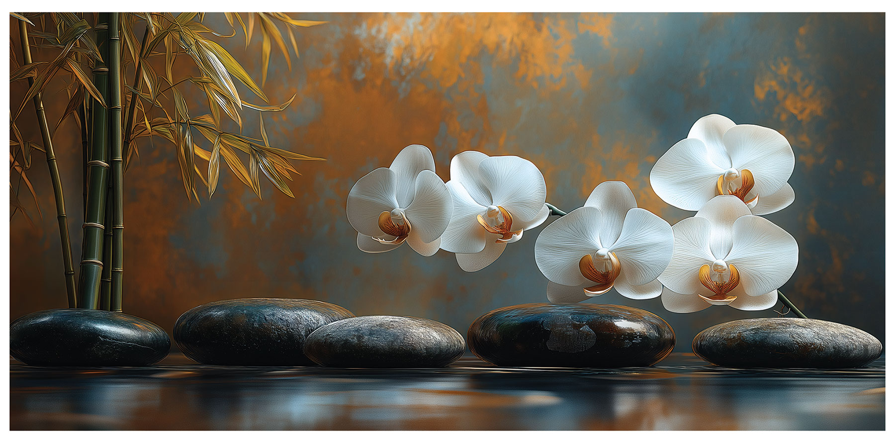 XXL Leinwand 115x55cm Wandbild Weiße Orchidee Bambus Bild Kunstdruck Spa Deko
