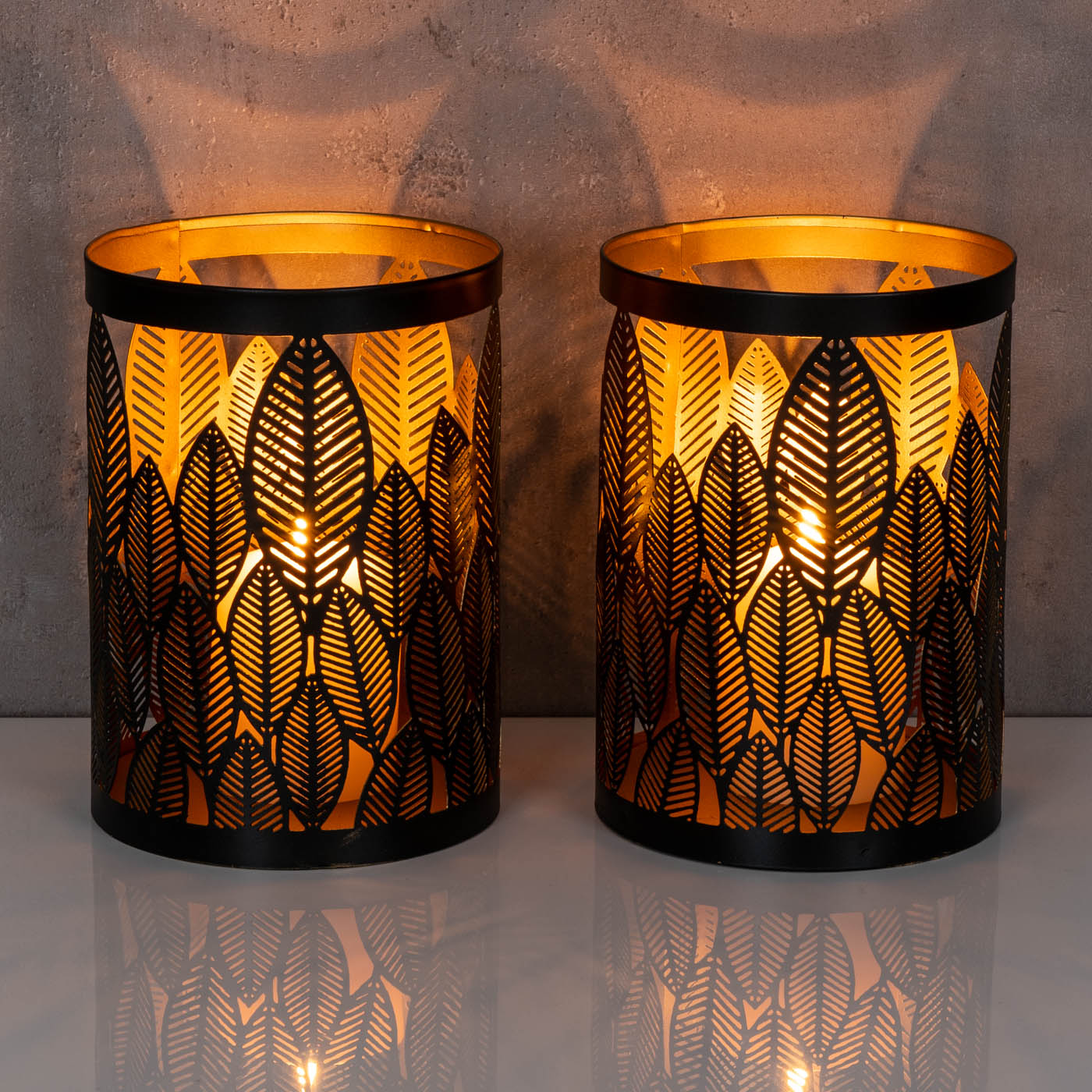 2er Set Windlicht 13x18cm Schwarz Gold Metall Teelichthalter Blattdekor Tischdeko