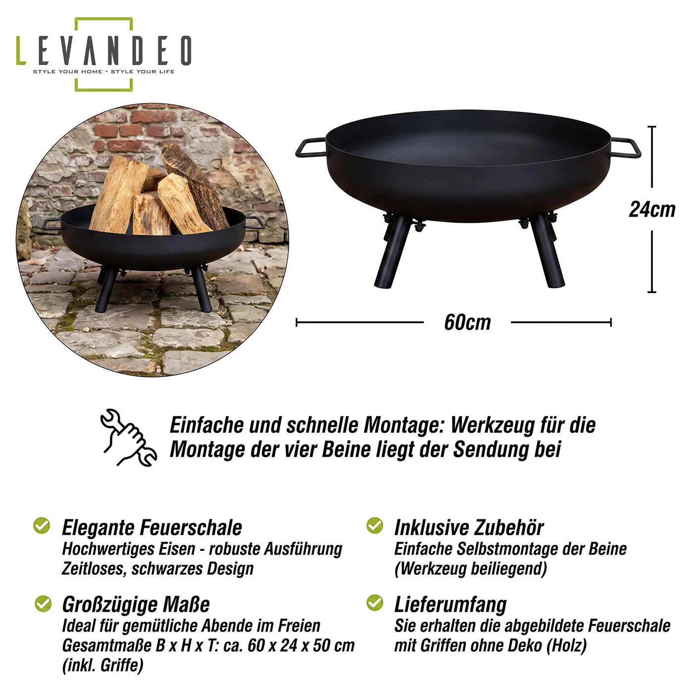 Feuerschale Garten 50cm Eisen Schwarz Feuerstelle Terrasse Outdoor Kamin Garten