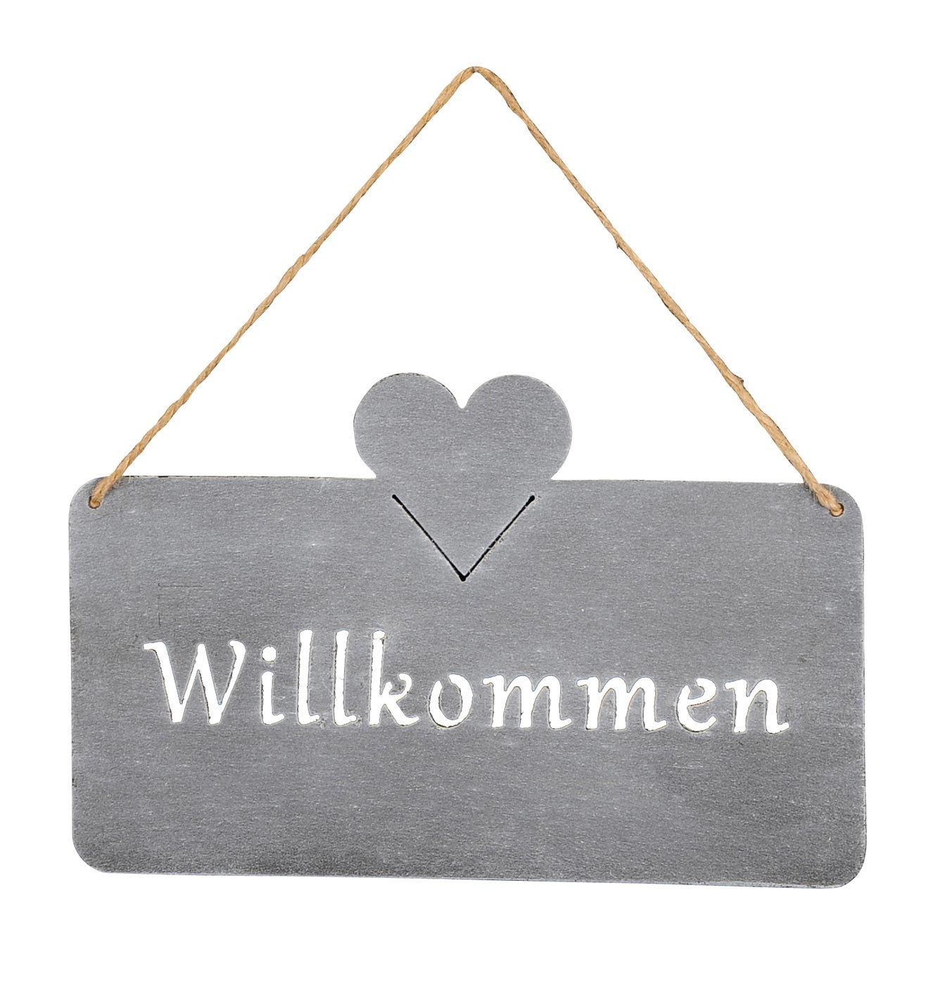 Schild Willkommen 25x16cm Außen Garten-Deko Grau Herz Eisen Türschild Wandbild