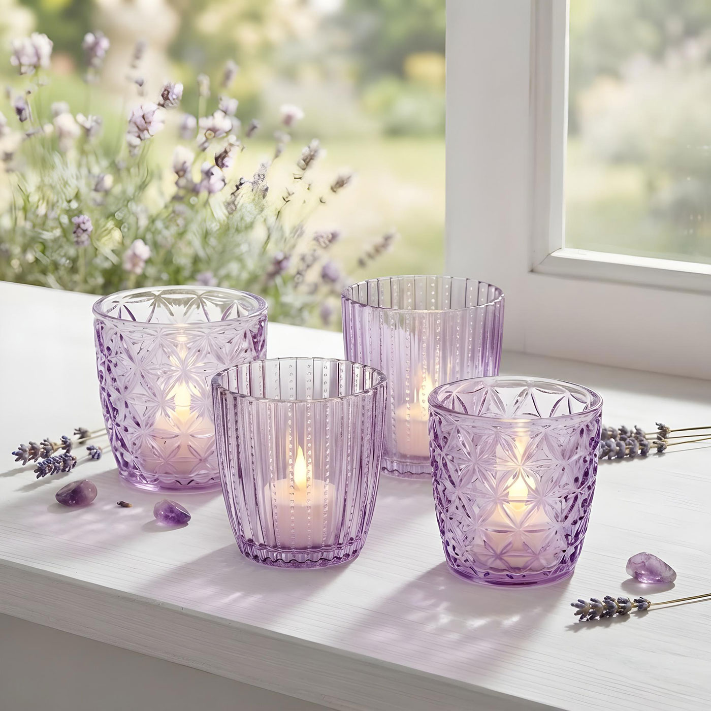 8er Set Windlicht Lila Glas Teelichthalter Violett Tischdeko Kerzen Retro Deko