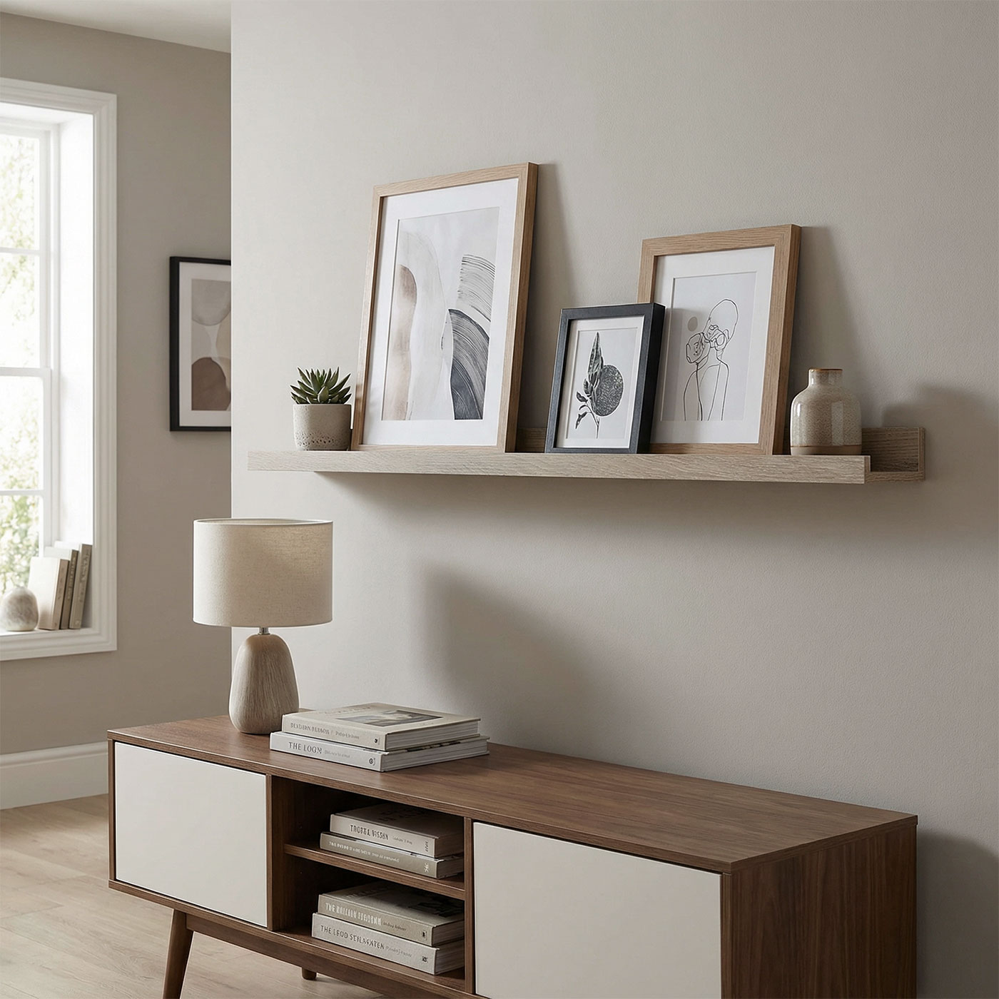 Bilderleiste Eiche Gekälkt L110cm MDF Holz Wandregal Schmal Wanddeko Hängeregal