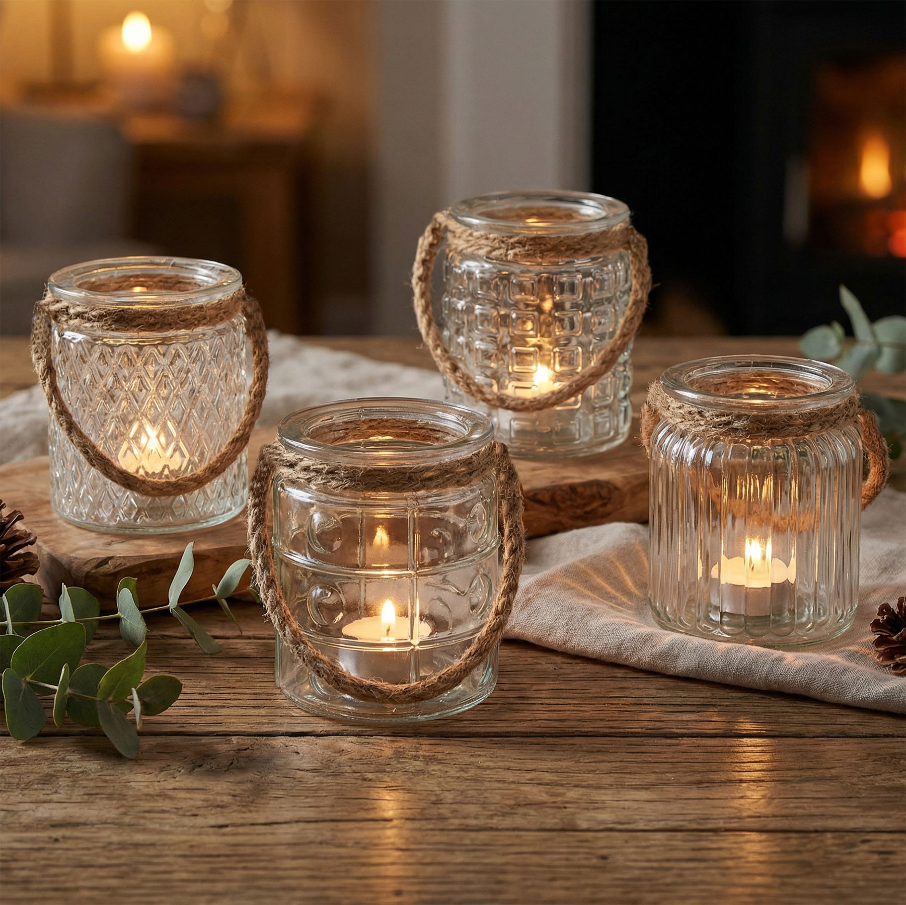4er Set Windlicht Klar Glas H10cm Teelichthalter Tischdeko Kerzen Deko Retro
