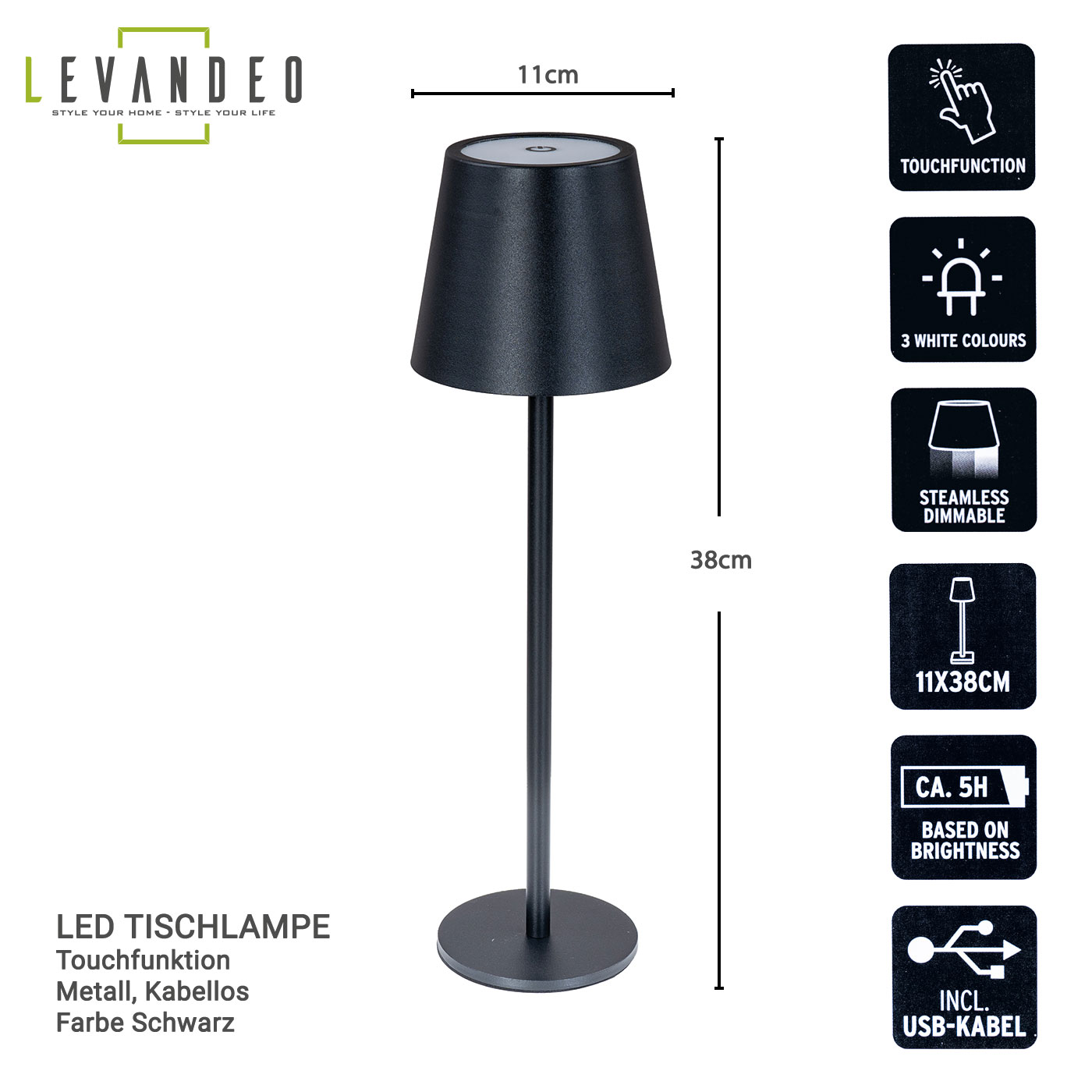 LED Tischlampe H38cm Schwarz Metall Kabellos Nachttischlampe Touch Leuchte Deko