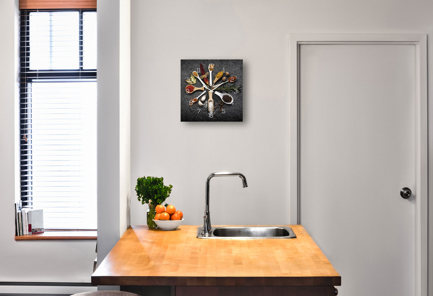 Wanduhr Glas 30x30cm Uhr Glasbild Gewürze Küche Kräuter Wanddeko Glasuhr