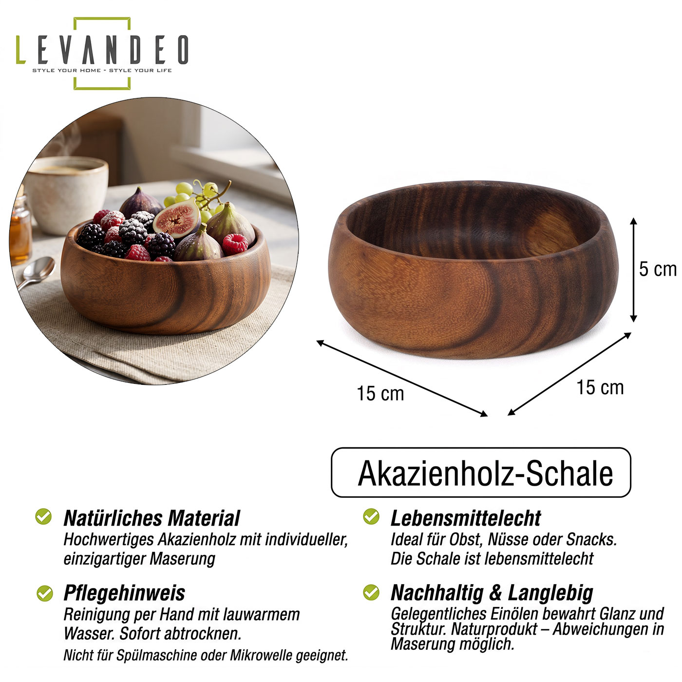 Holzschale Akazie 15cm rund Holz Schale Obstschale Salatschüssel