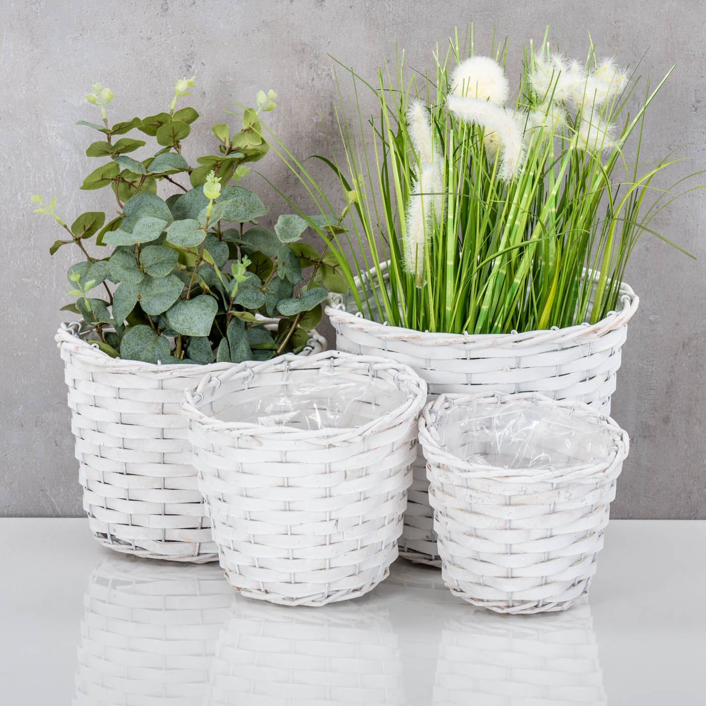 4er Set Pflanzgefäß Weide H15-19cm Weiß Garten Pflanzkorb Weidekorb Shabby Chic