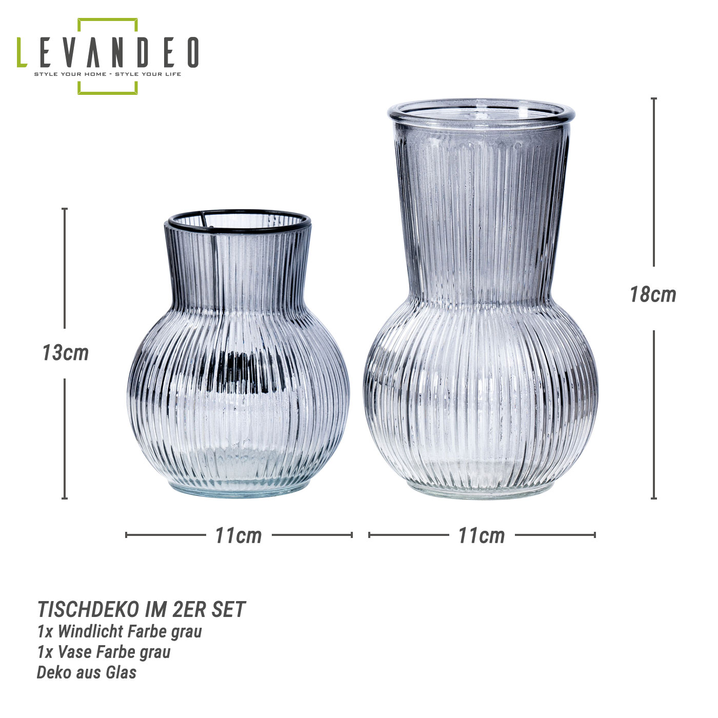 2er Set Tischdeko Vase Windlicht Grau Glas Rund Teelichthalter Retro Rillen Deko