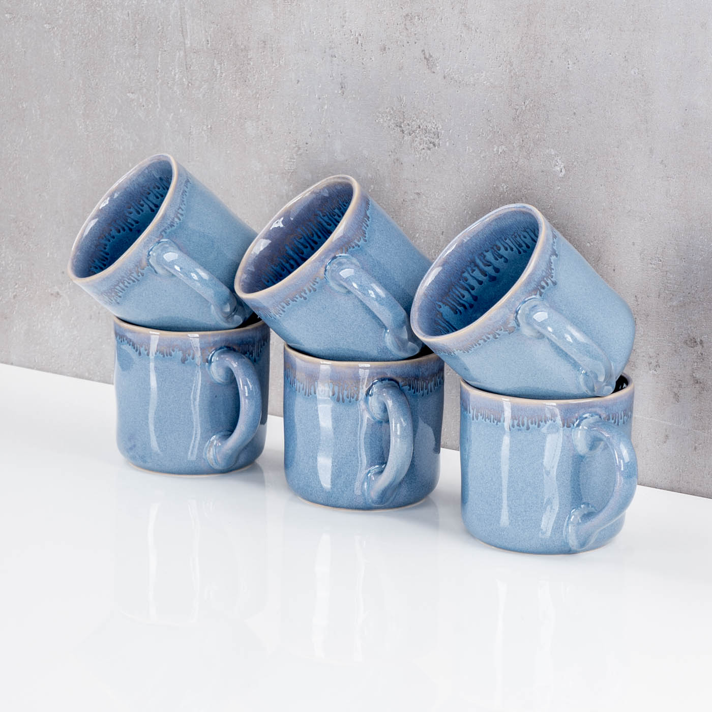 6er Set Steingut Becher 350ml Tasse Blau Kaffeepott Tasse Modern Design Küche
