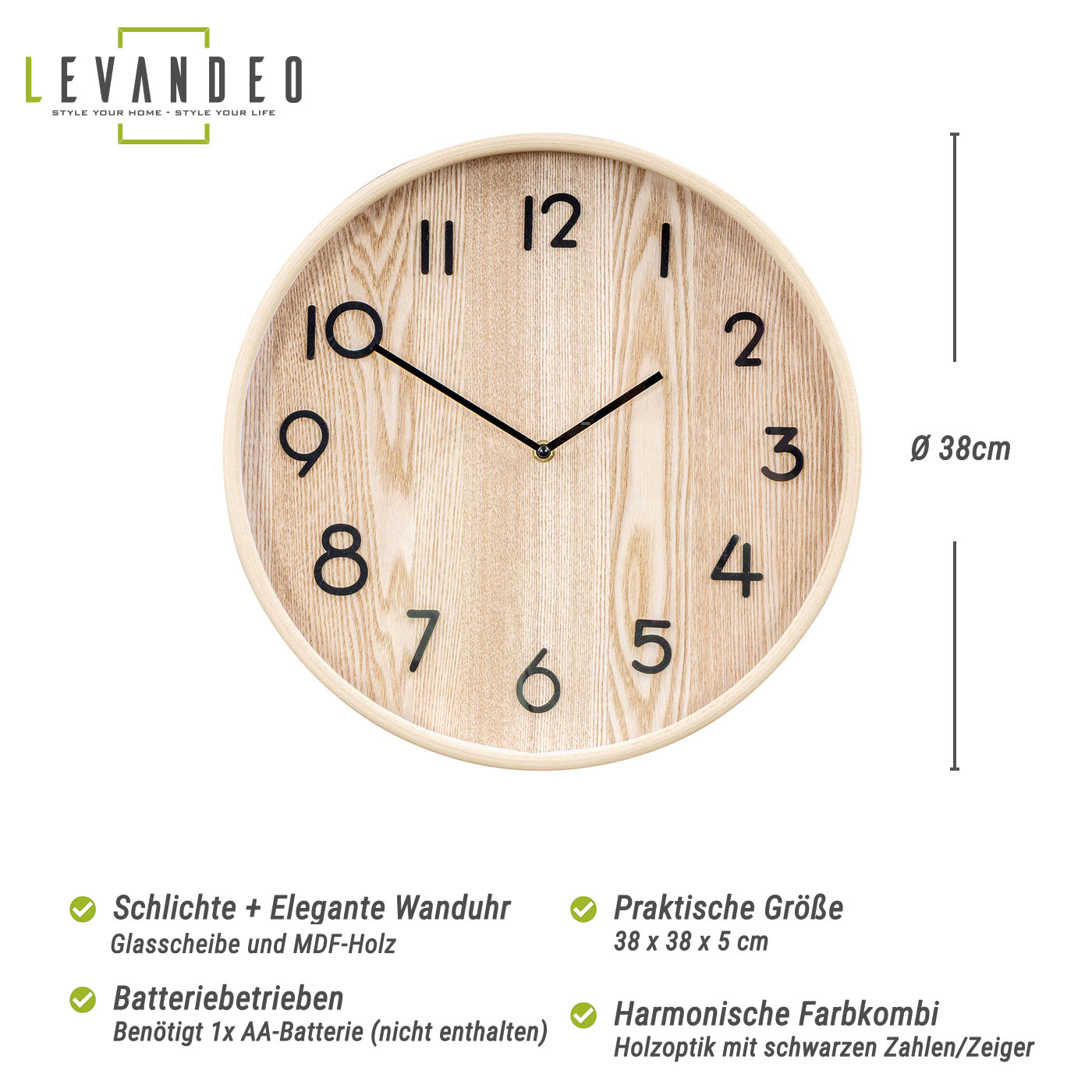 Wanduhr 38cm Rund Natur Schwarz MDF Holzuhr Wanddeko Design Uhr Wandobjekt Deko