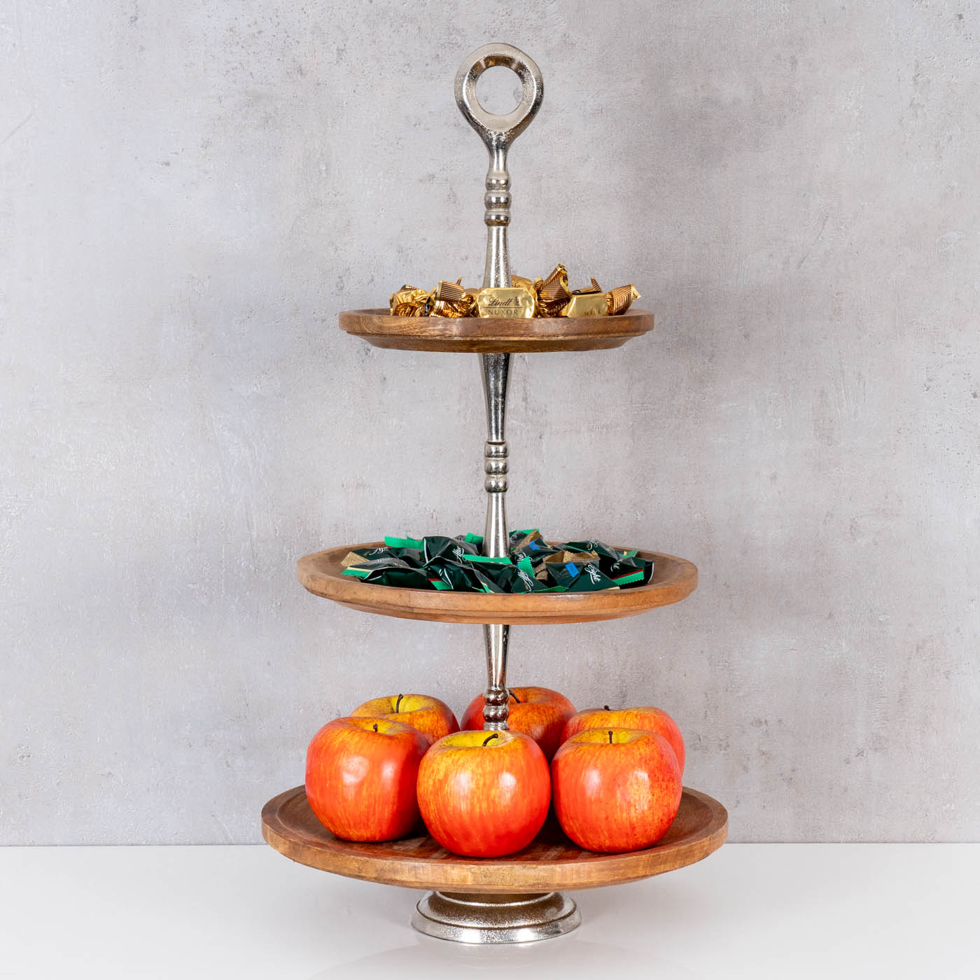 Holz Etagere 3 Etagen H60cm Mangoholz Metall Servierplatte Kuchenständer Deko