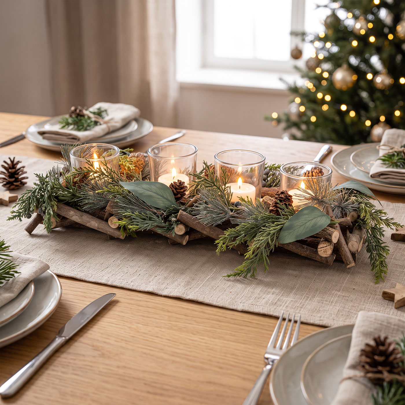 Adventsgesteck Tischdeko Weihnachten Gesteck Teelichthalter Natur Adventsdeko