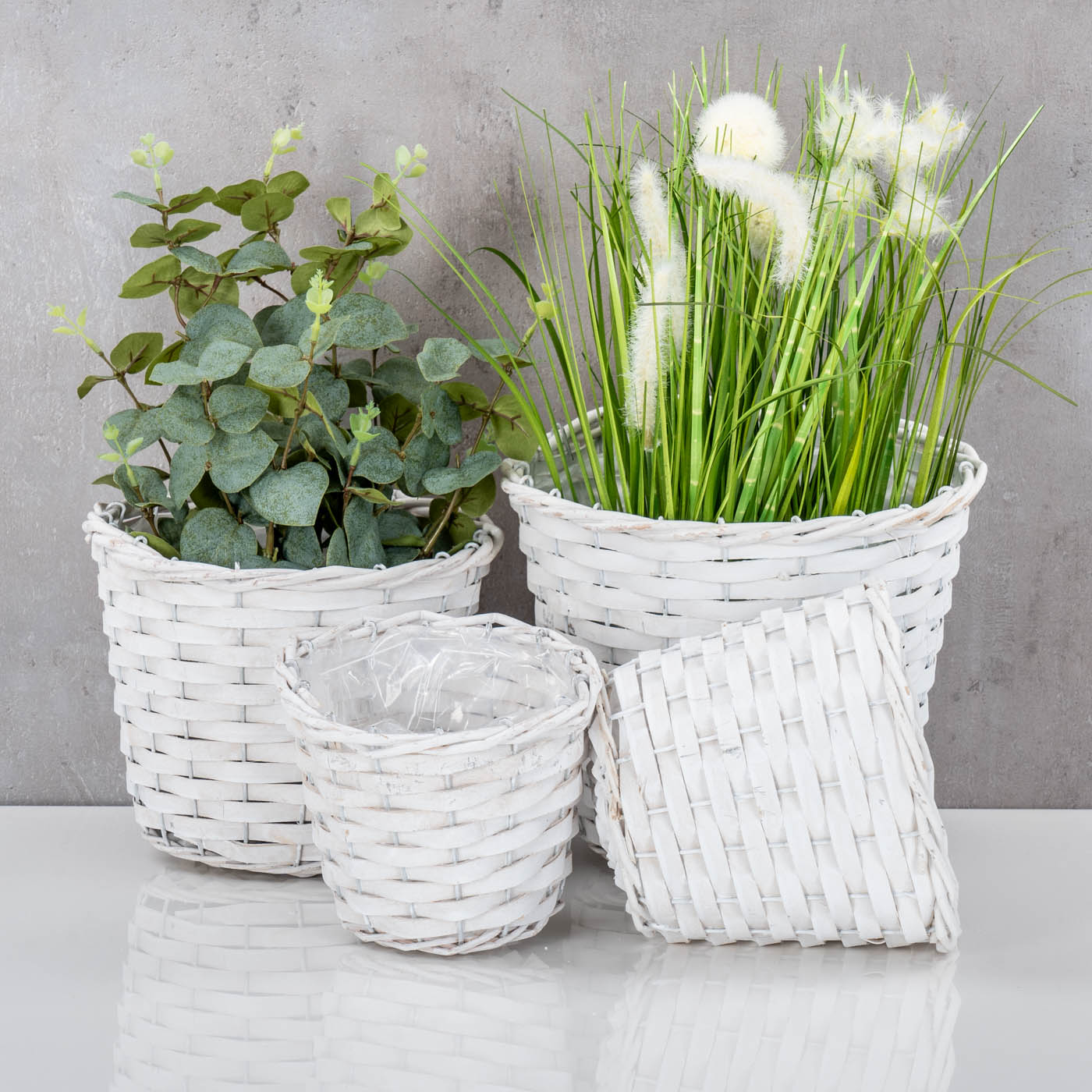 4er Set Pflanzgefäß Weide H15-19cm Weiß Garten Pflanzkorb Weidekorb Shabby Chic