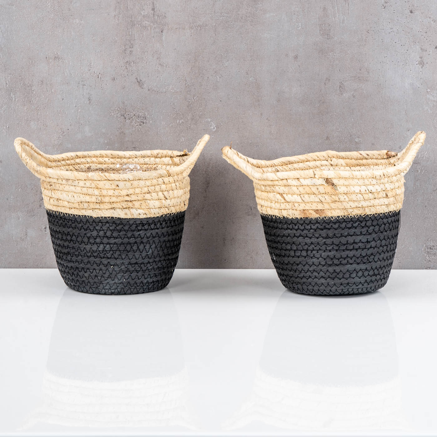 2er Set Korb Rund H15cm Natur Schwarz Pflanzkorb Geflochten Aufbewahrung Boho Deko
