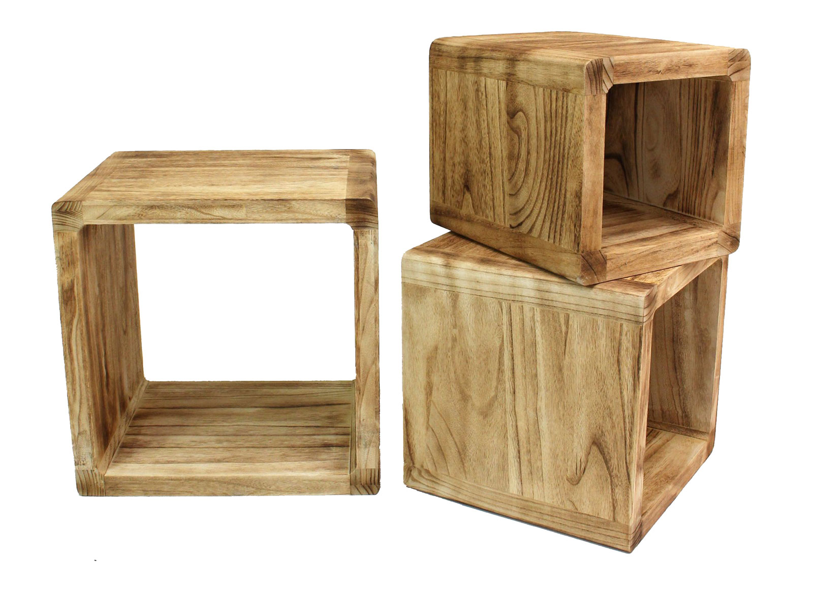 3er Set Regal-Cube 44x35cm Holzregal Holz Board Used-Design Würfelregal Natur