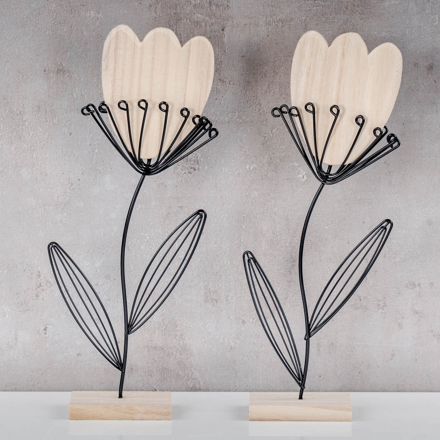 2er Set Deko Aufsteller Blume Metall Holz Schwarz Natur Draht Deko Tischdeko