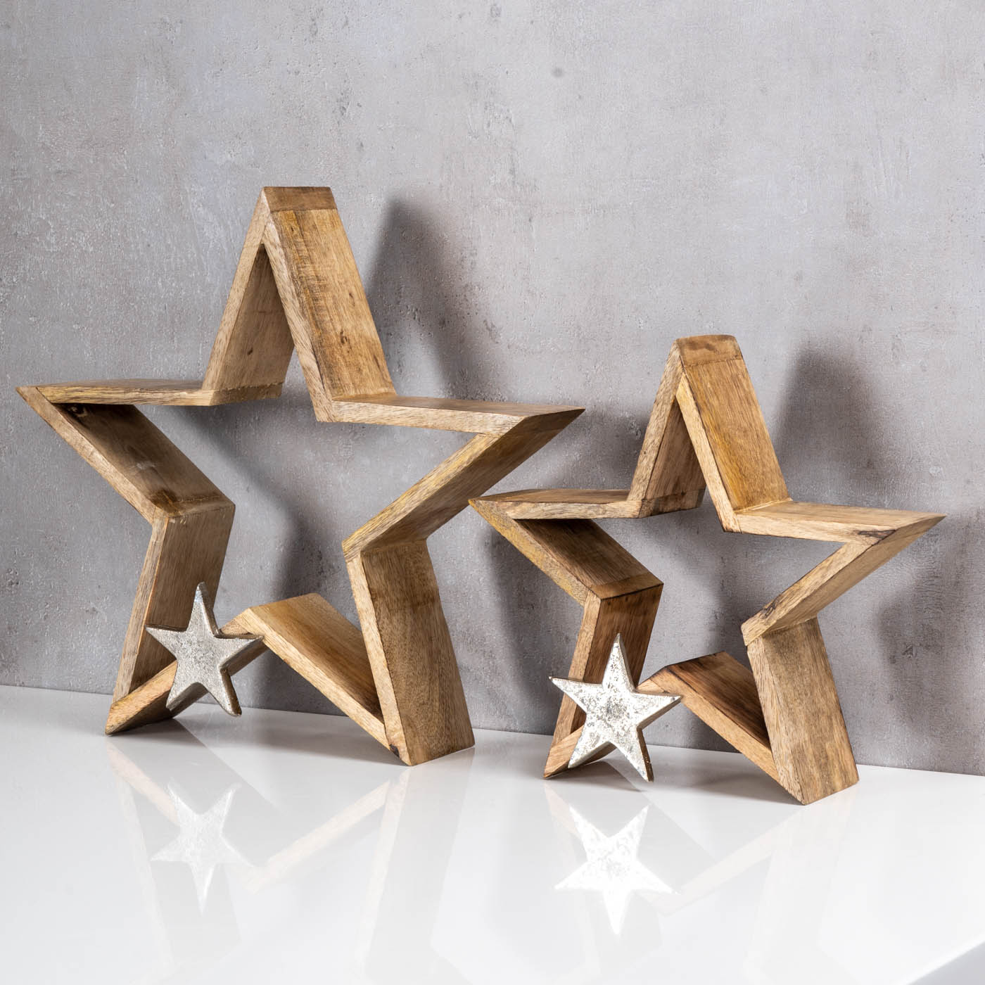 2er Set Sterne 25-33cm Mango Holz Natur Braun Silber Weihnachtsdeko Tischdeko