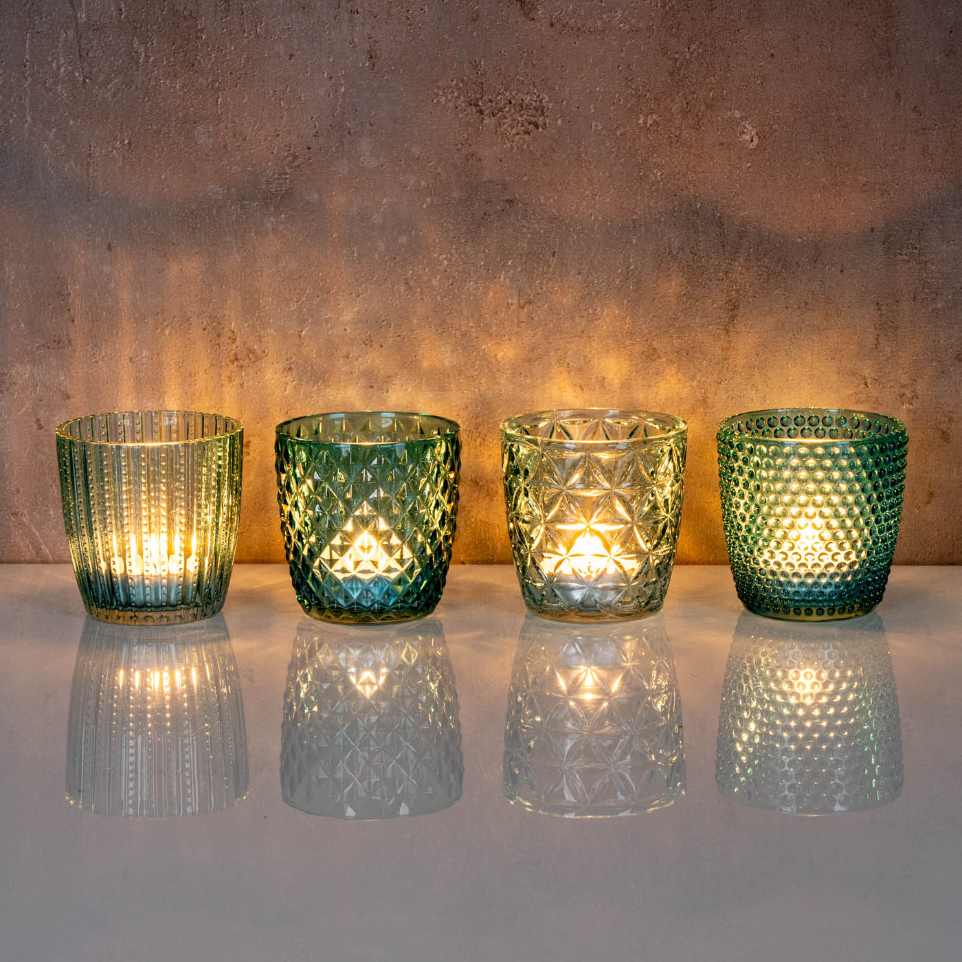 4er Set Windlicht H7,5cm Glas Türkis Teelichthalter Tischdeko Kerzen Retro Deko